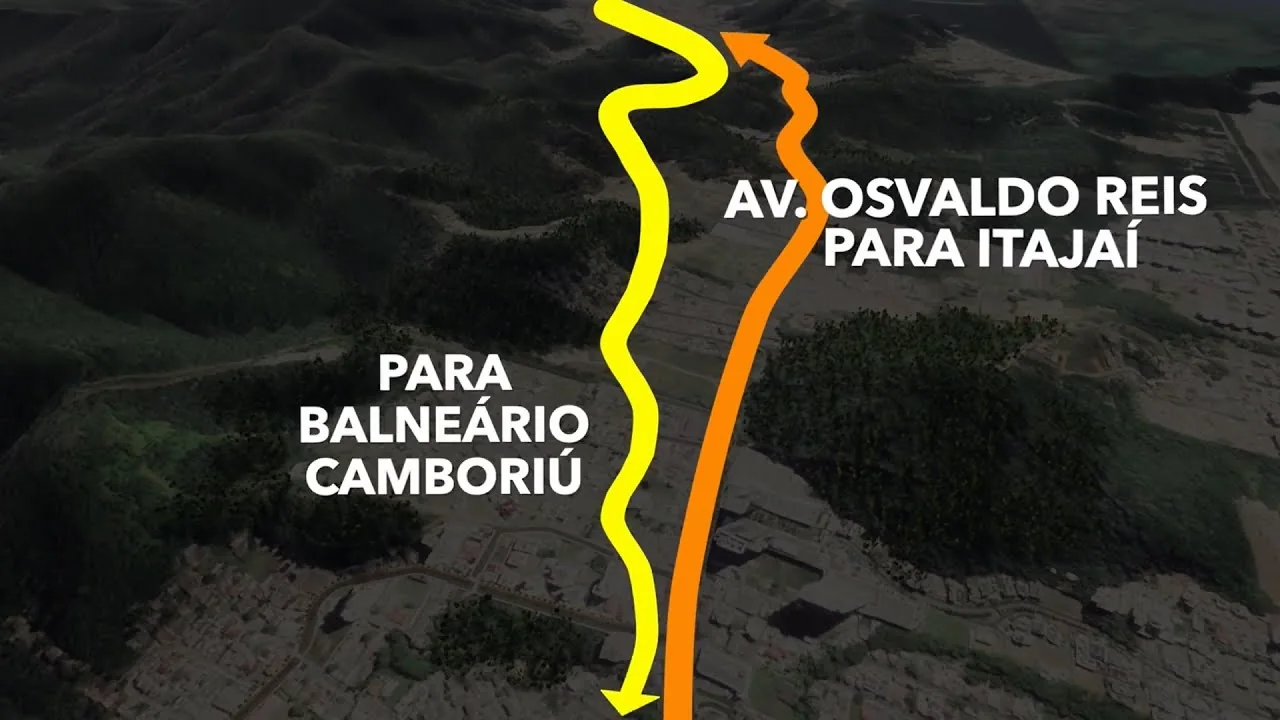 Diagrama aéreo do binário da Avenida Osvaldo Reis: seta laranja indicando o sentido para Itajaí e seta amarela indicando o sentido para Balneário Camboriú
