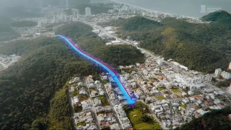 Simulação aérea do binário mostrando os dois fluxos de tráfego em sentidos opostos, em azul e vermelho, entre Balneário Camboriú e a divisa com Itajaí