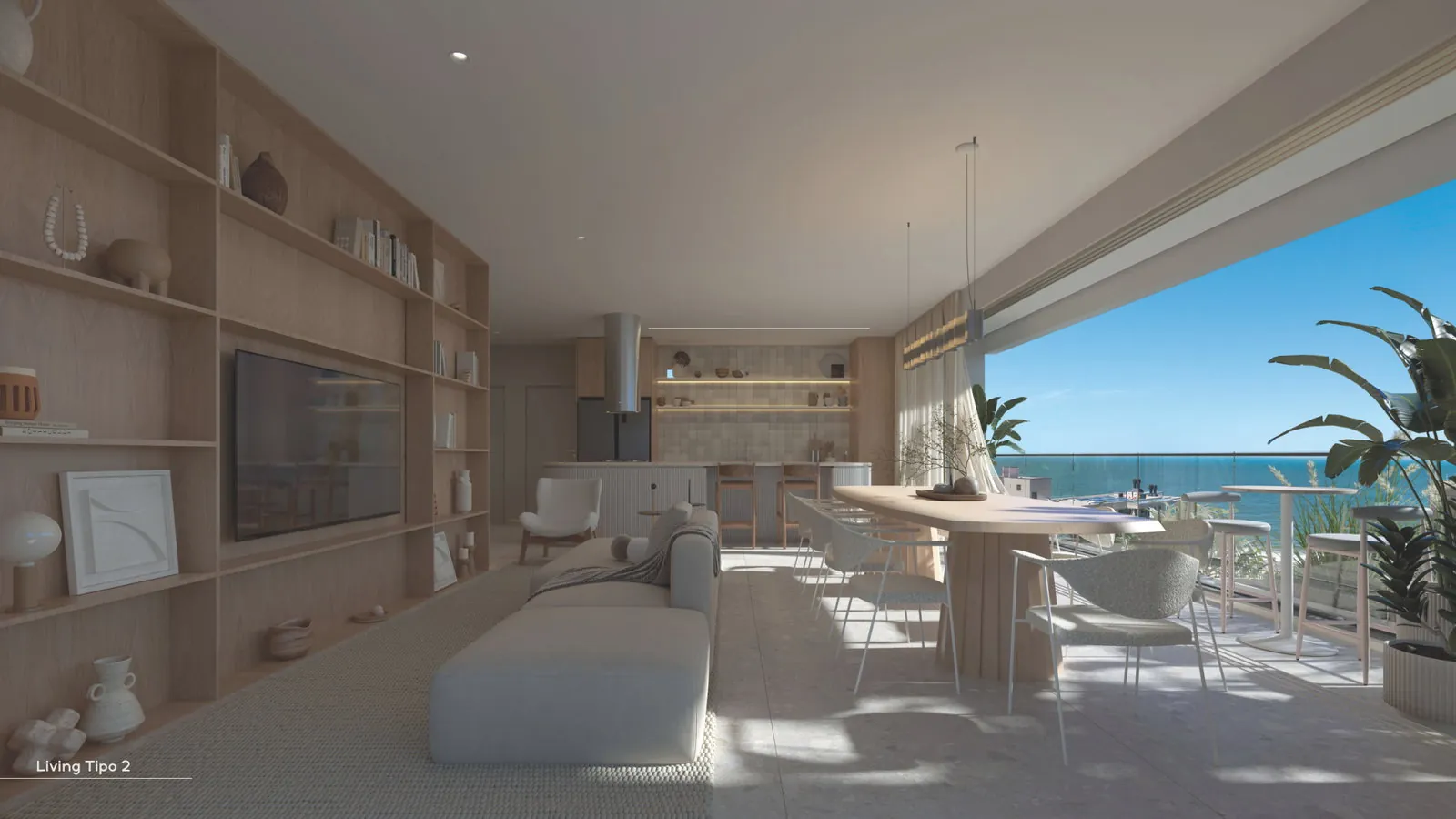 AURA · living do apartamento tipo 2 com vista para o mar