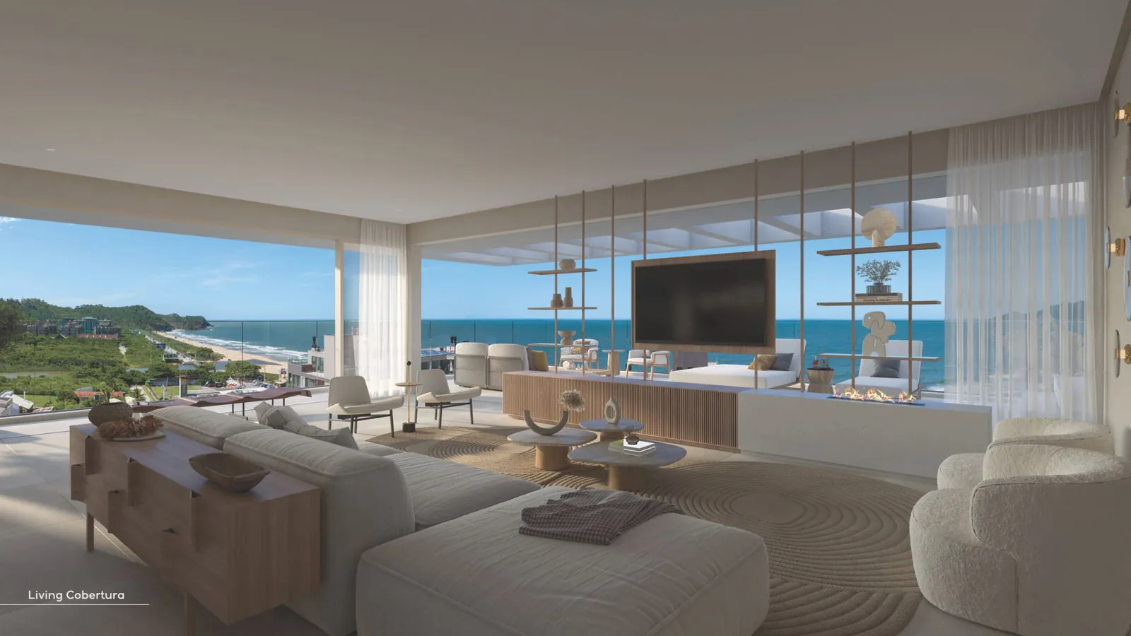 AURA · living da cobertura com vista panorâmica para o mar