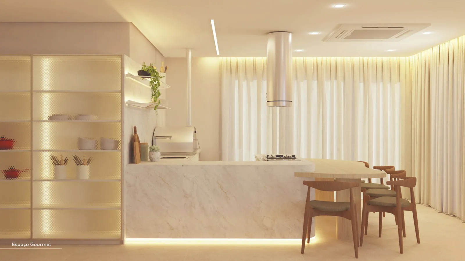 AURA Praia Brava · cozinha e sala de jantar integradas