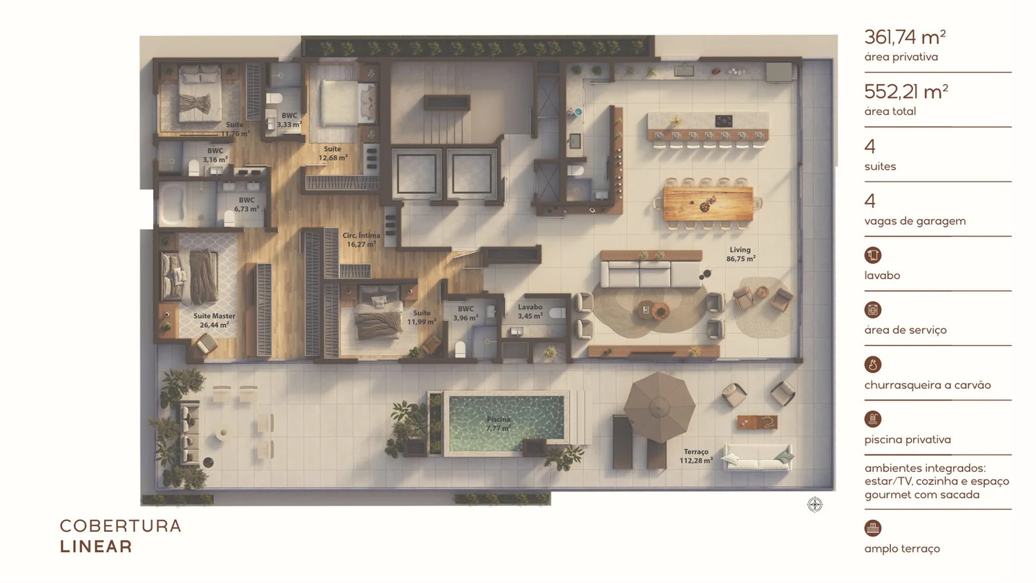 AURA · planta da cobertura linear, 361,74 m² com 4 suítes e piscina privativa
