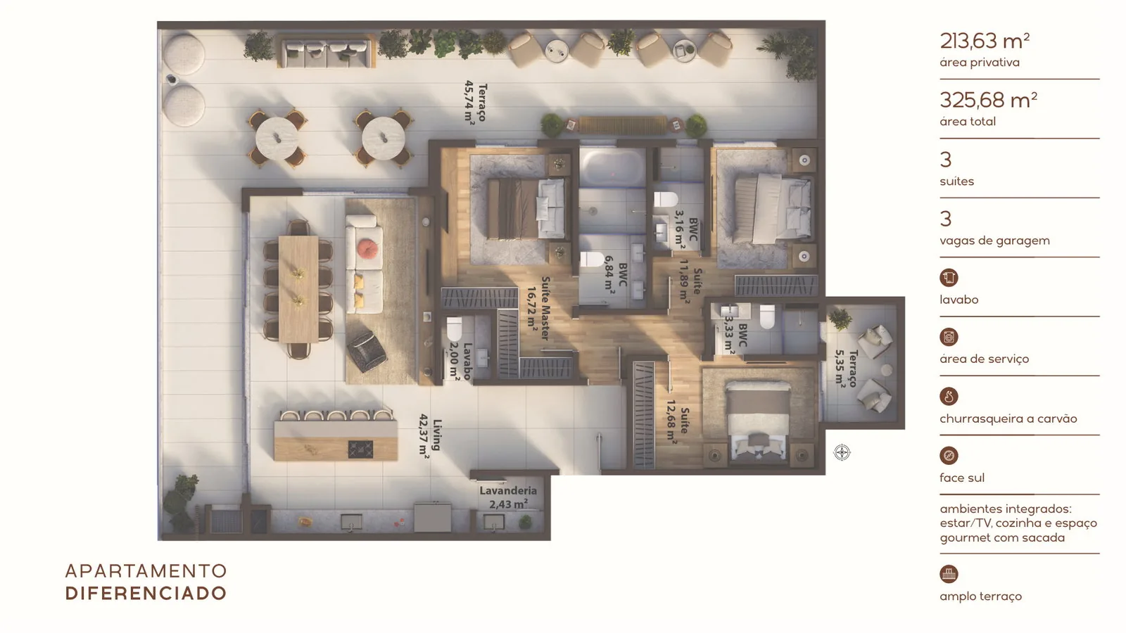 AURA · planta humanizada do apartamento Diferenciado, 213,63 m² com 4 suítes