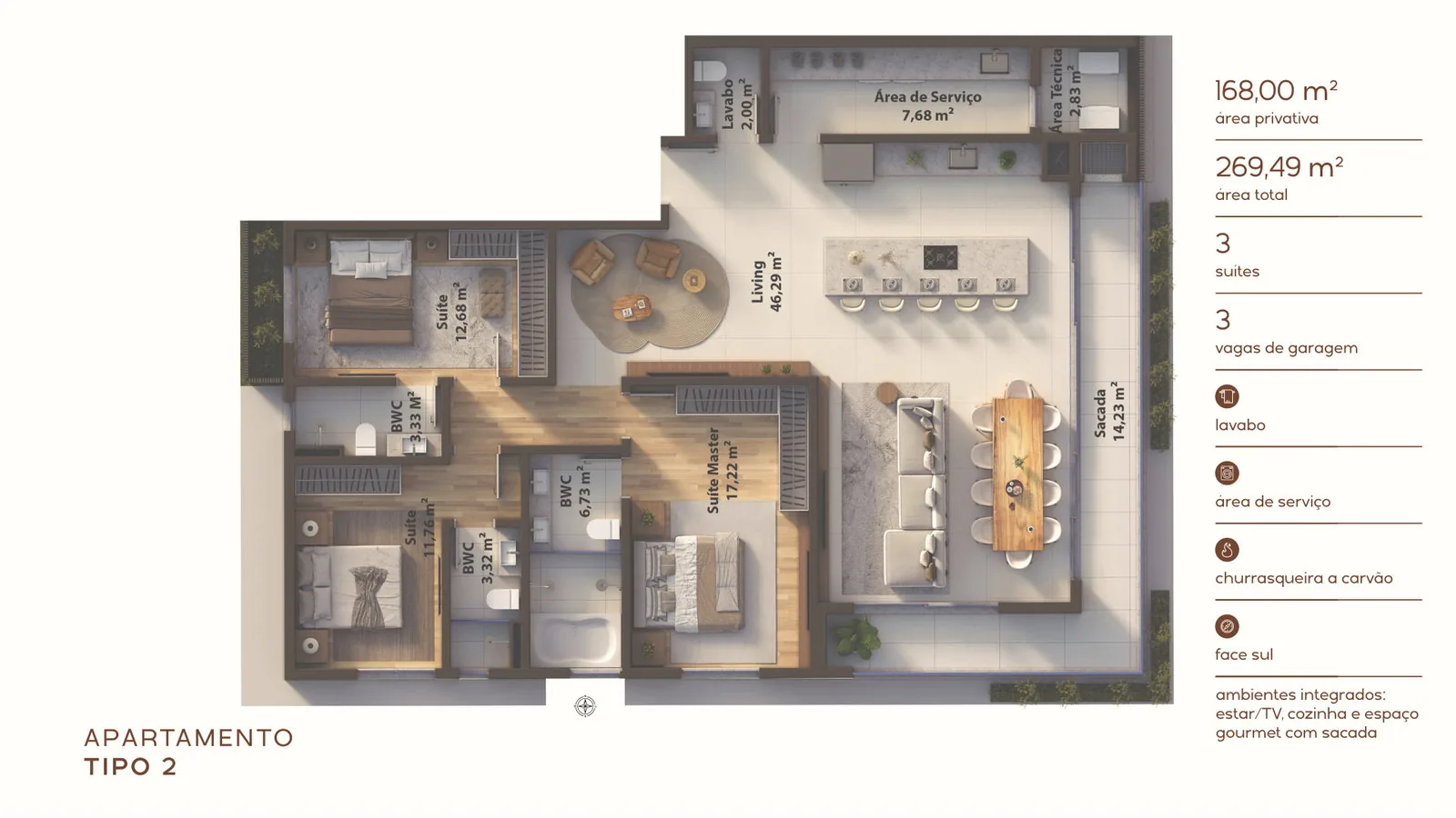 AURA · planta humanizada do apartamento Tipo 2, 168 m² com 3 suítes
