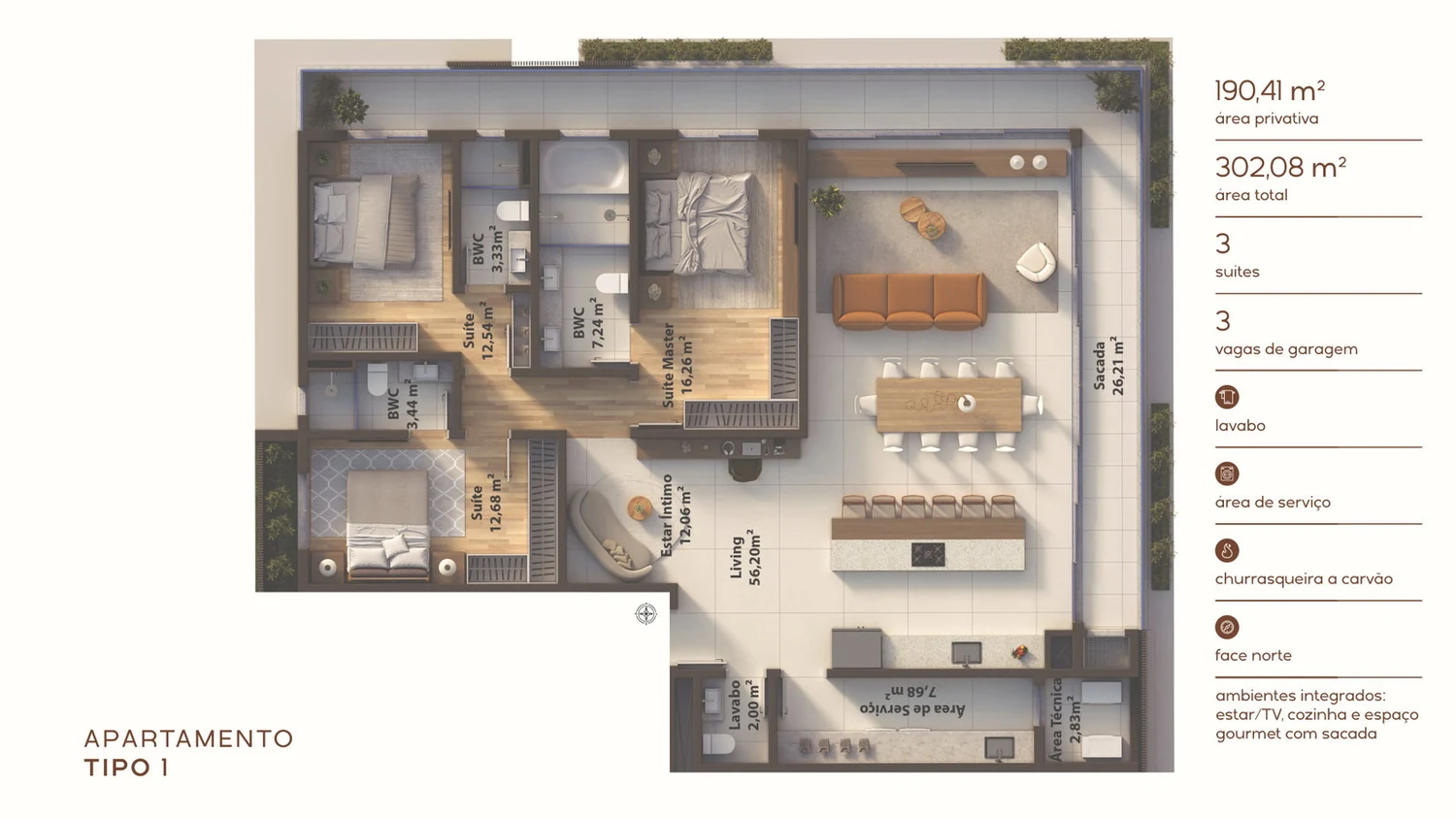 AURA · planta humanizada do apartamento Tipo 1, 190,41 m² com 3 suítes