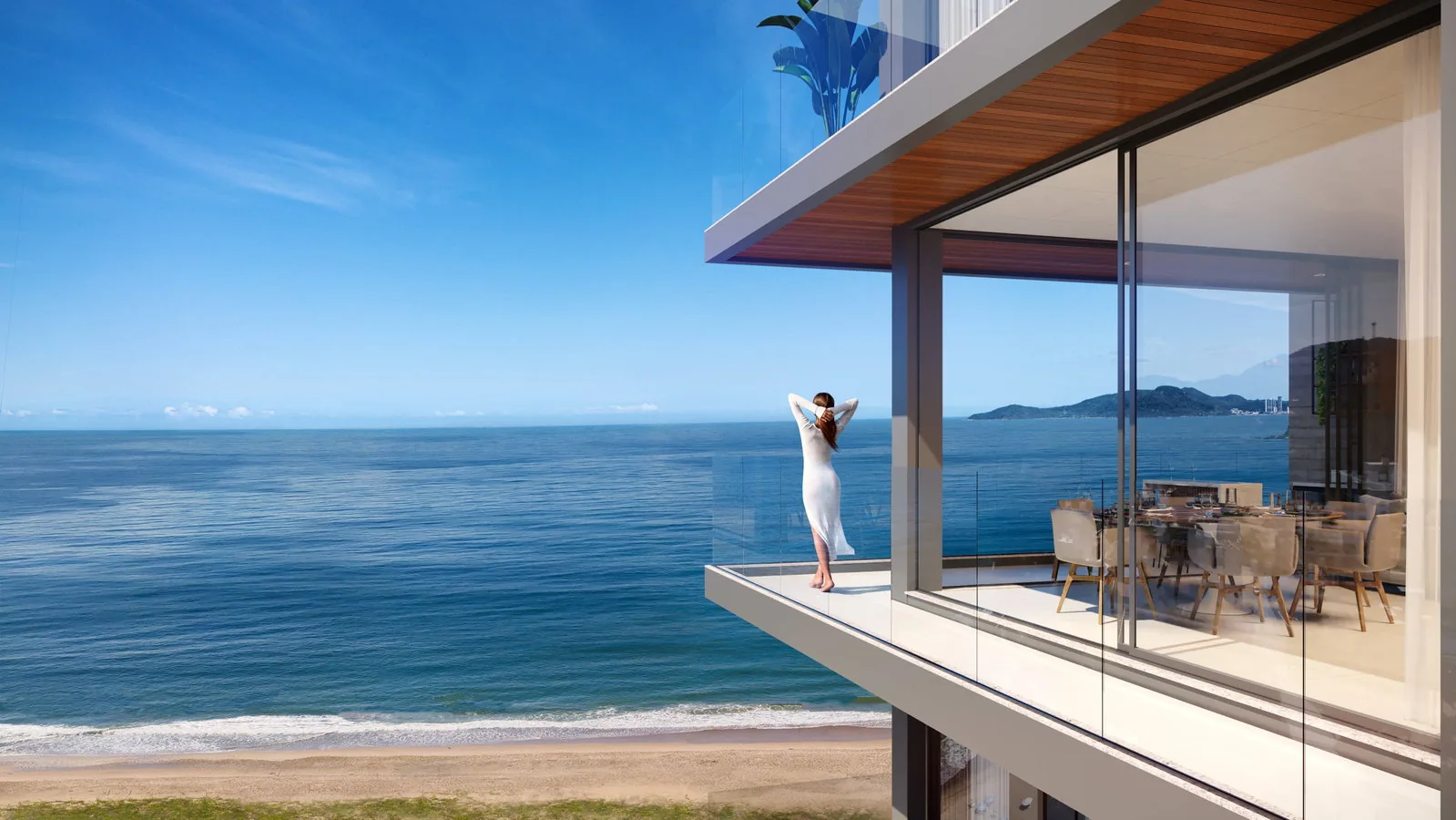 Varanda do Bay House com vista frente mar na Praia Brava