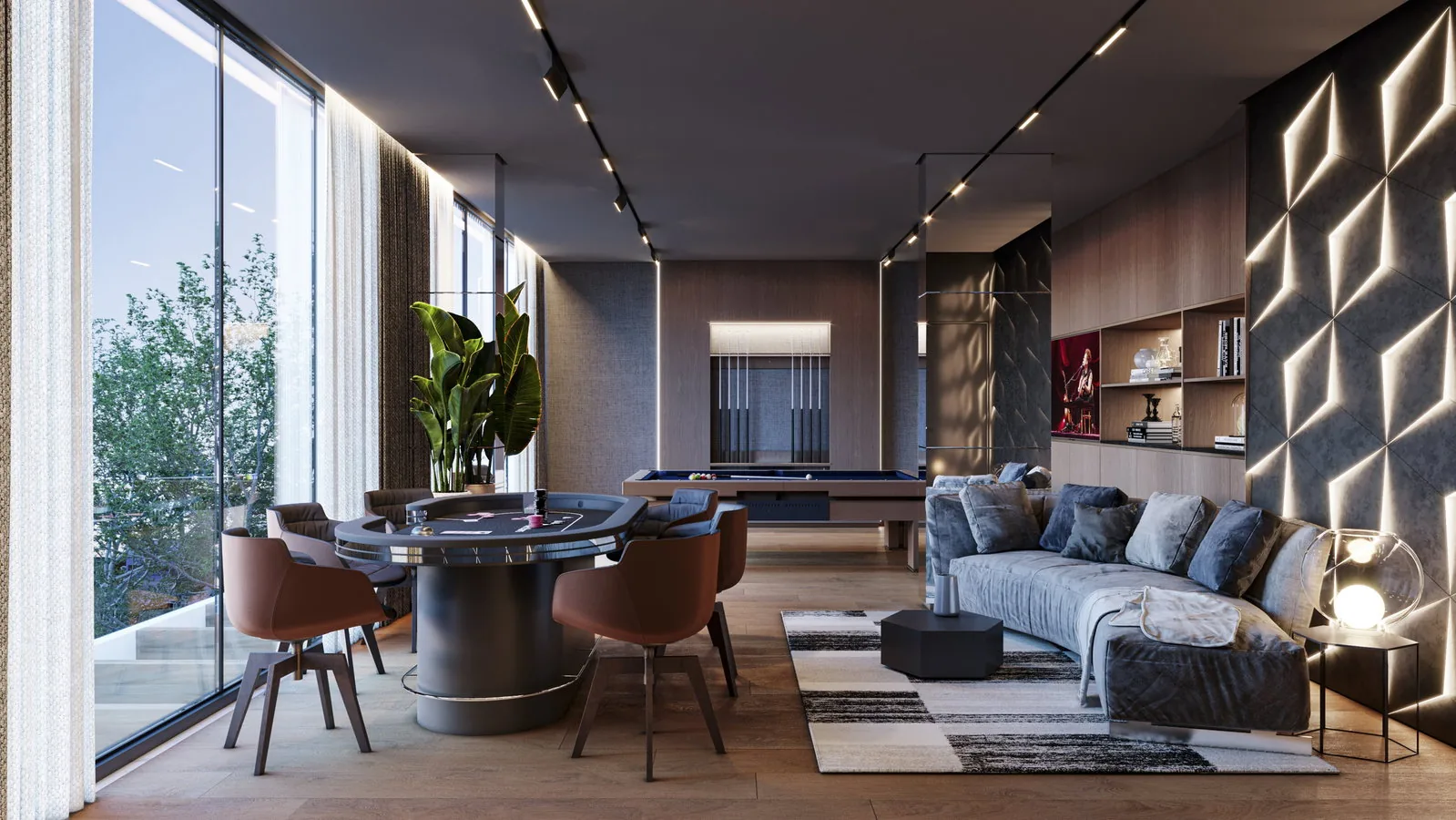 Bay House · lounge interno com estante e poltronas