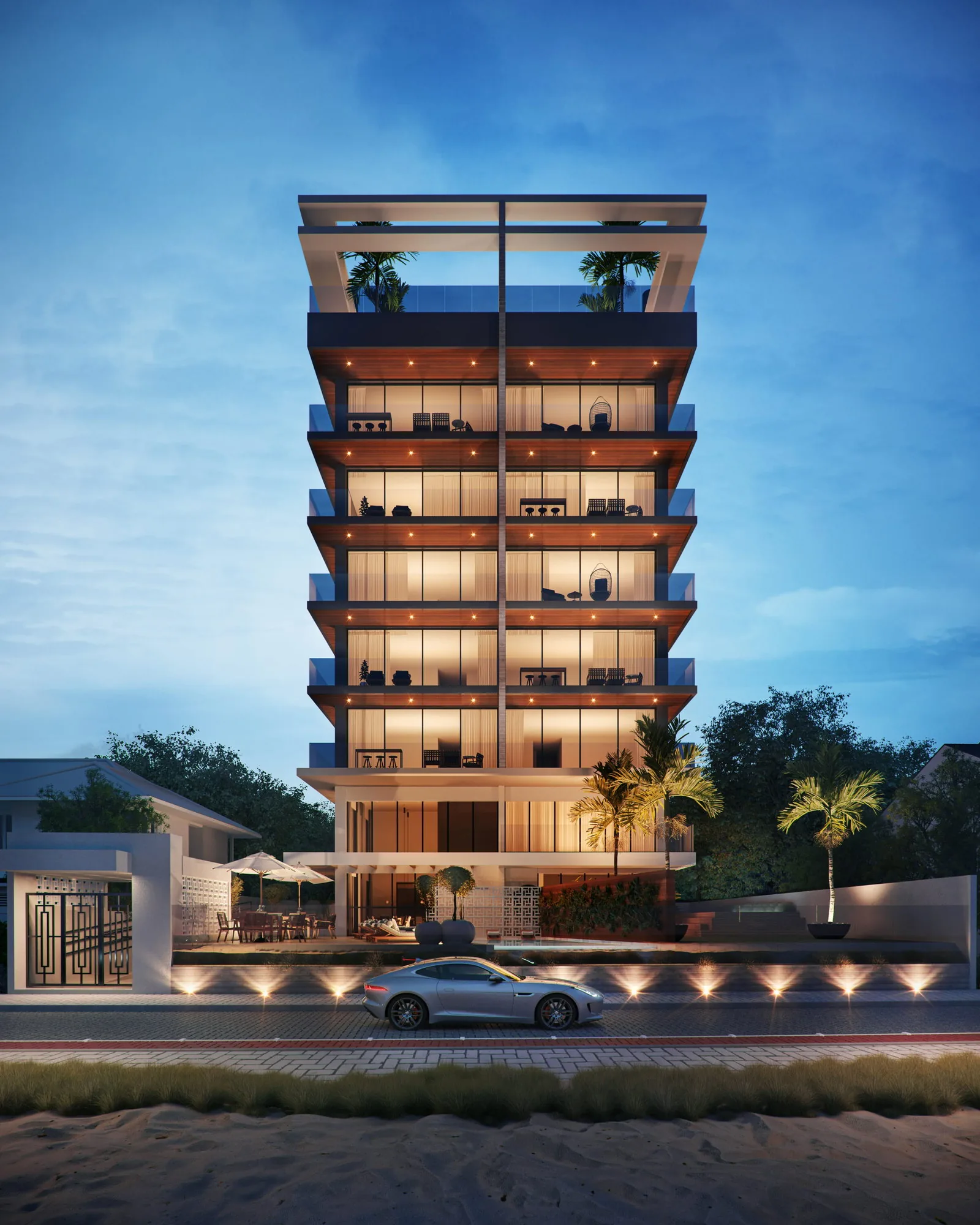 Bay House · fachada do edifício ao entardecer, na Praia Brava