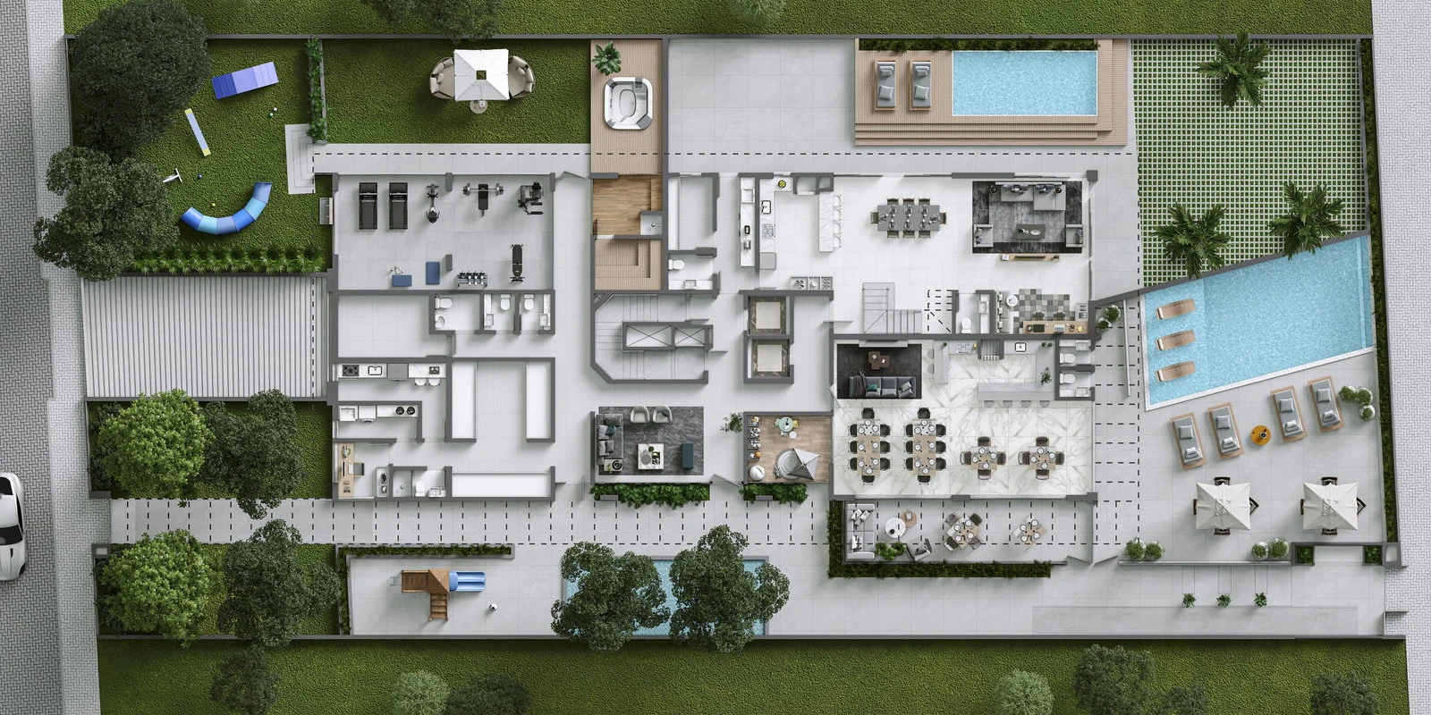 Bay House · implantação do terreno com a área de lazer e a piscina externa