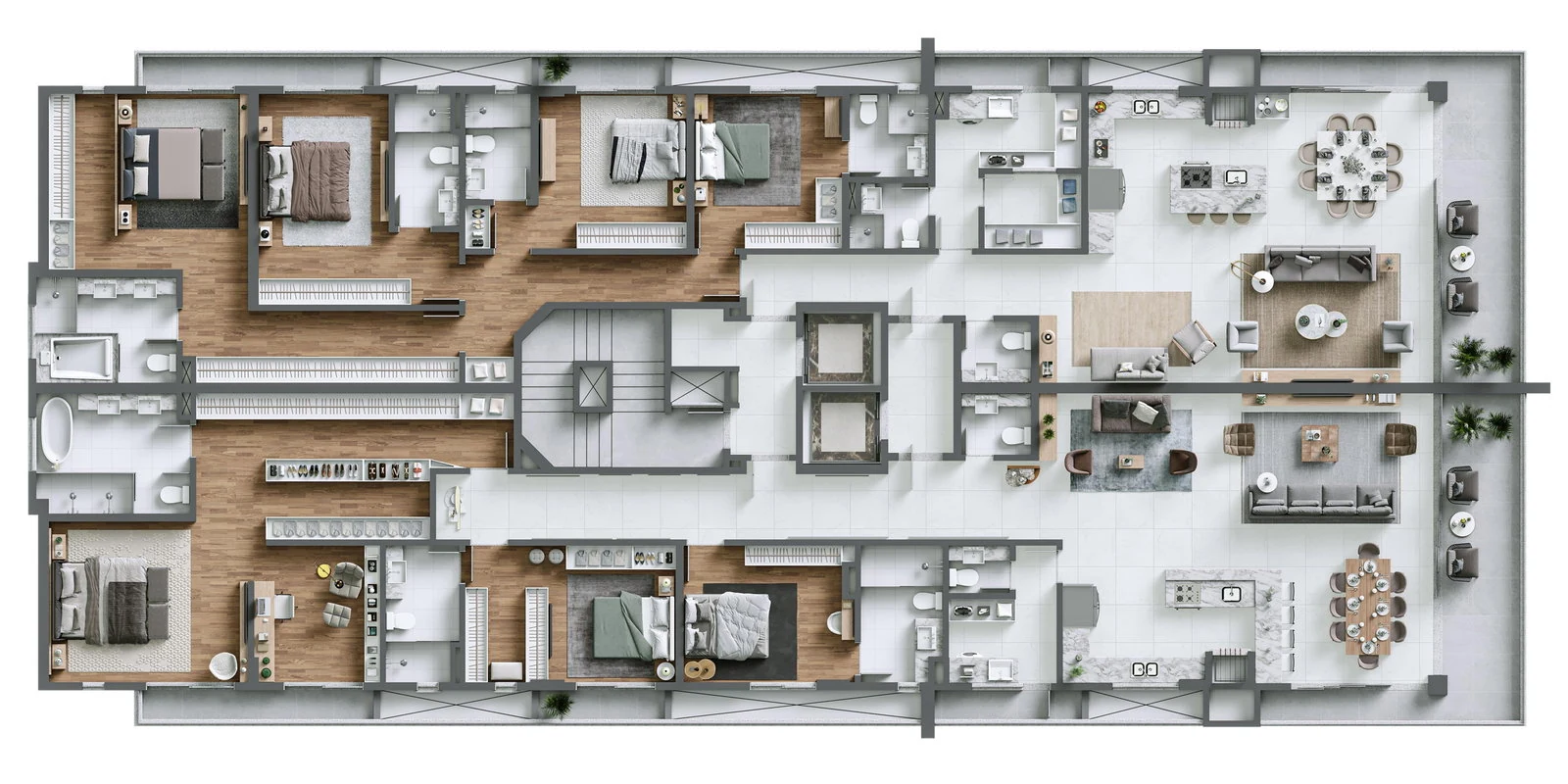 Bay House · planta do pavimento tipo, com dois apartamentos por andar