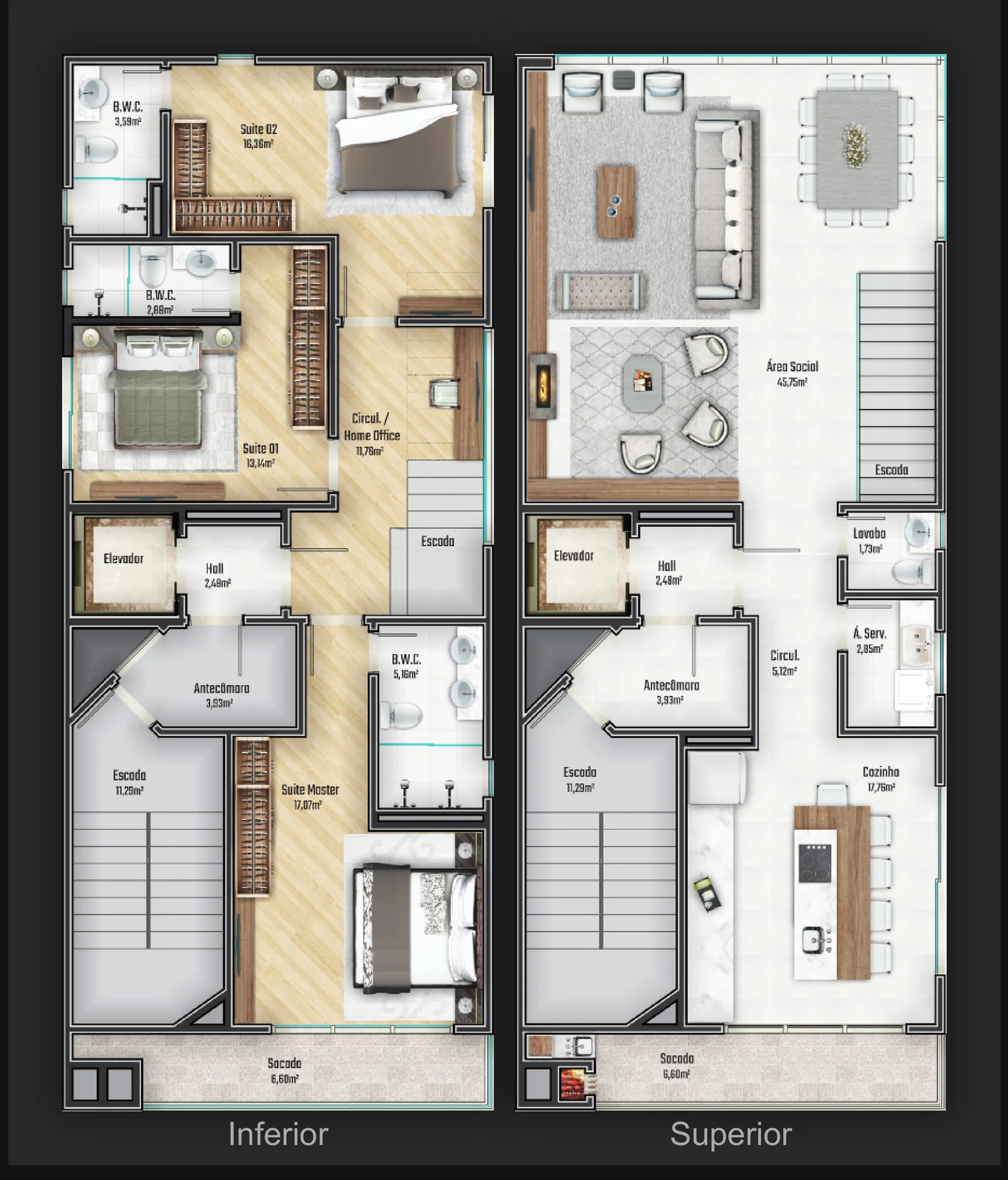 Brava 22: planta do apartamento duplex, pavimentos inferior e superior