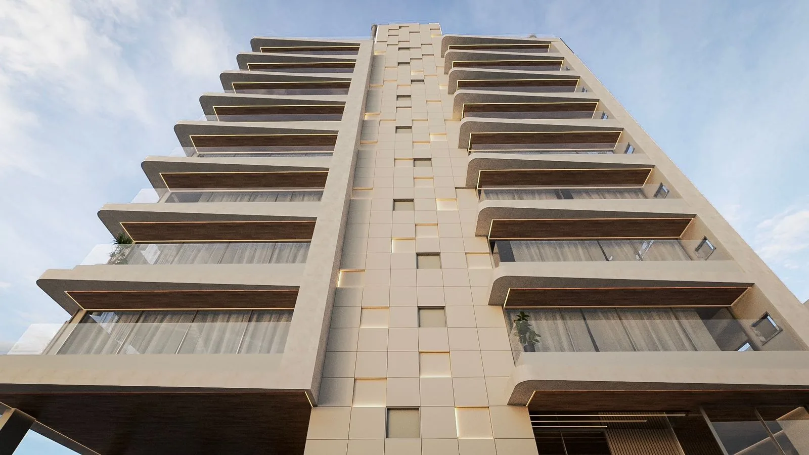 Brava Eco Home · fachada vista de baixo, com as sacadas em fita