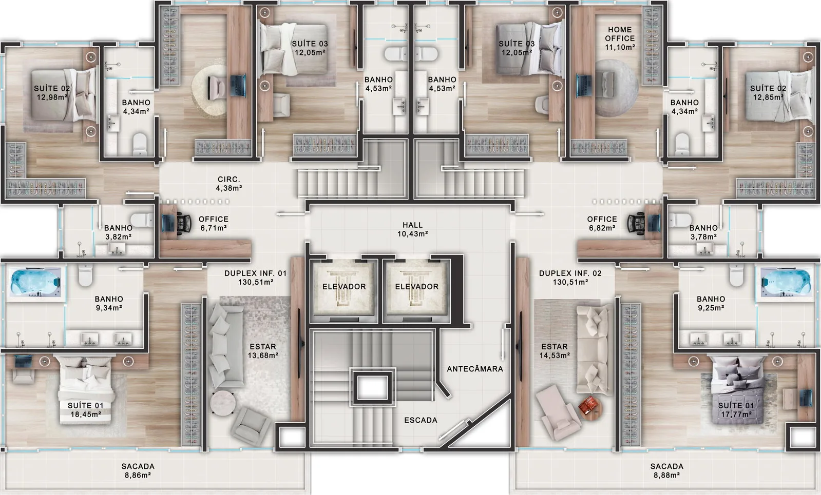 Brava Eco Home · pavimento inferior da cobertura duplex, com as quatro suítes