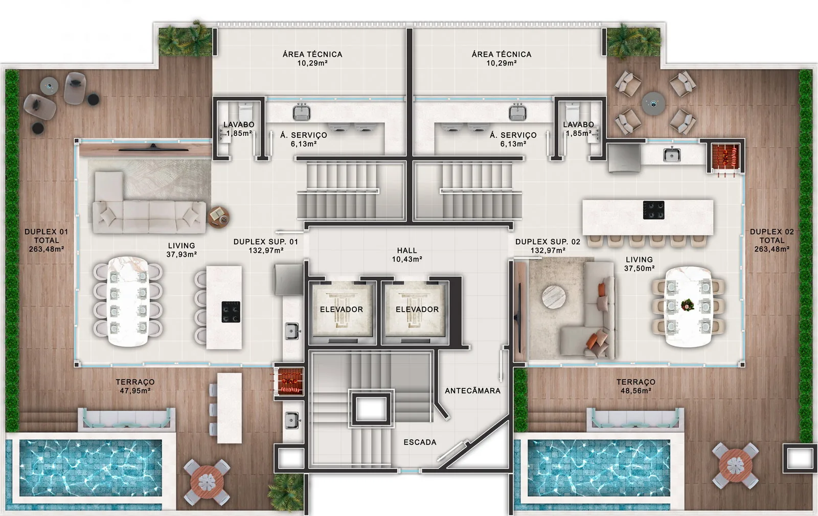 Brava Eco Home · pavimento superior da cobertura duplex, com living e terraço com piscina