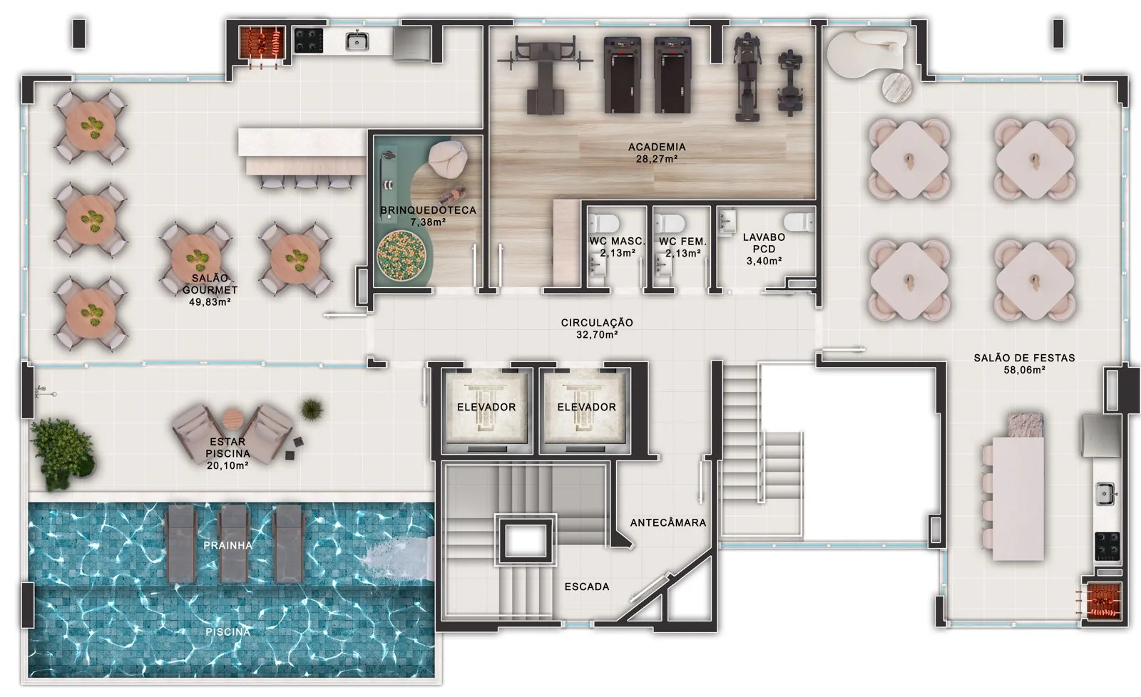 Brava Eco Home · planta do pavimento de lazer com piscina, salão de festas e academia