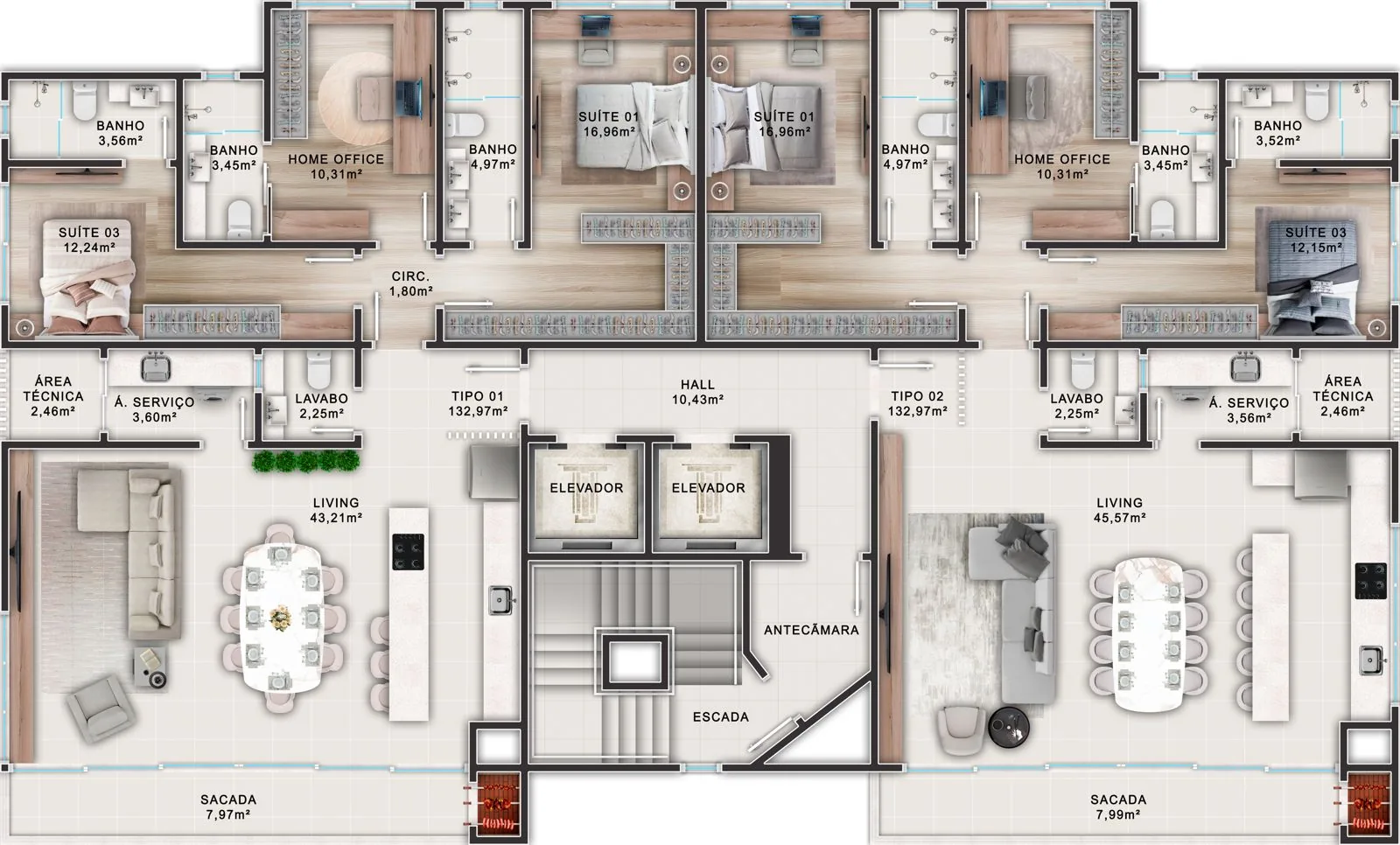 Brava Eco Home · pavimento tipo com dois apartamentos de 132,97 m² por andar