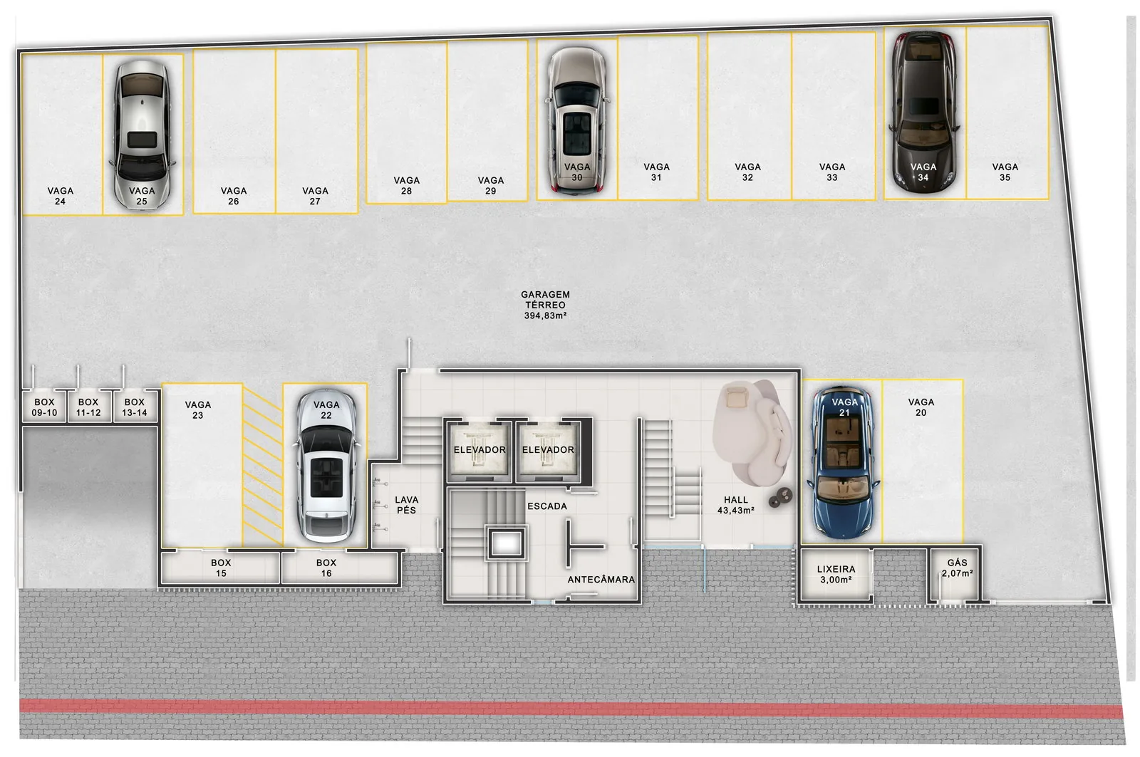 Brava Eco Home · térreo com a garagem, o hall e o lava-pés
