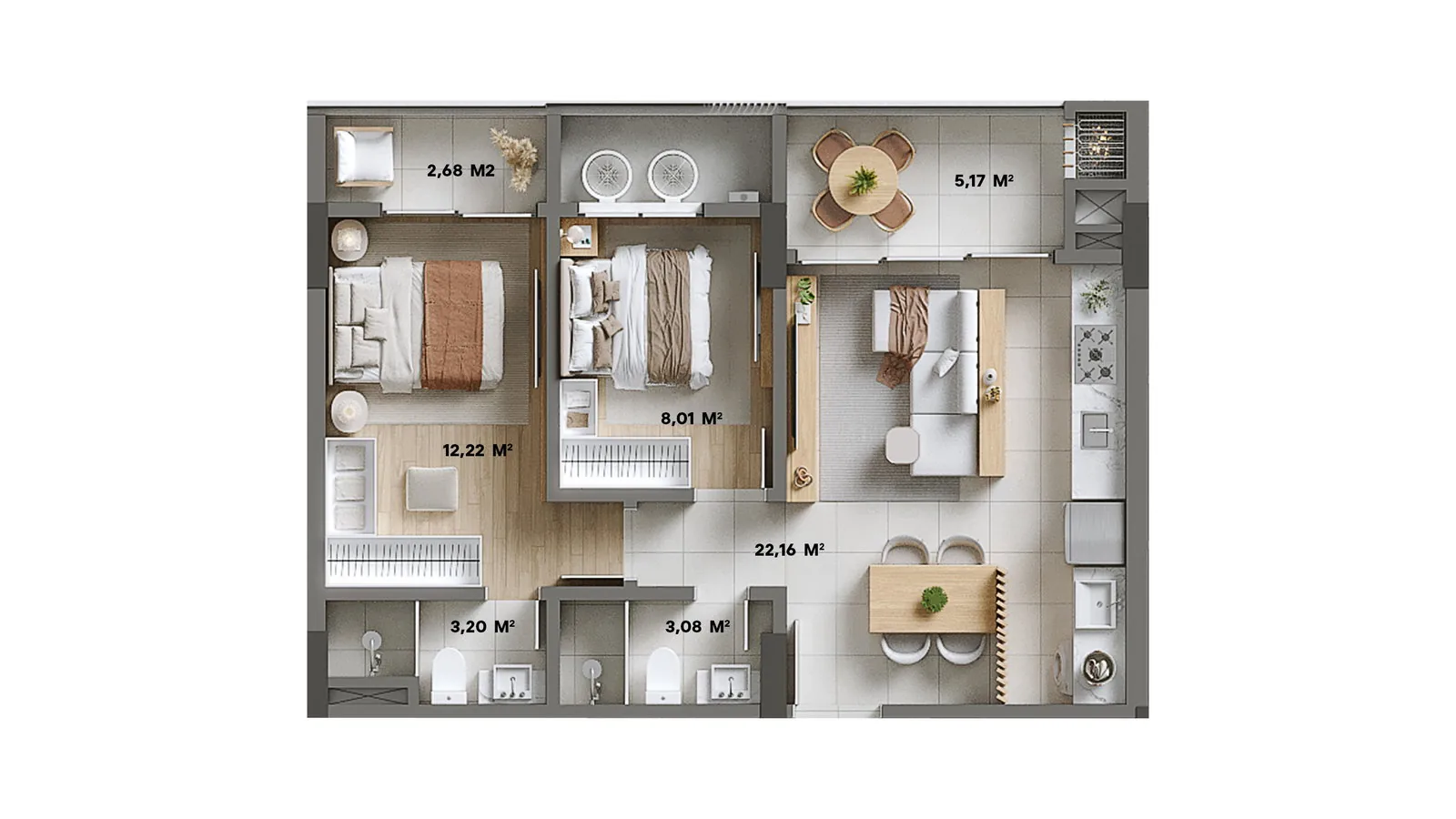 Brava Living · Tipos 3 e 4 - 70,45 m²