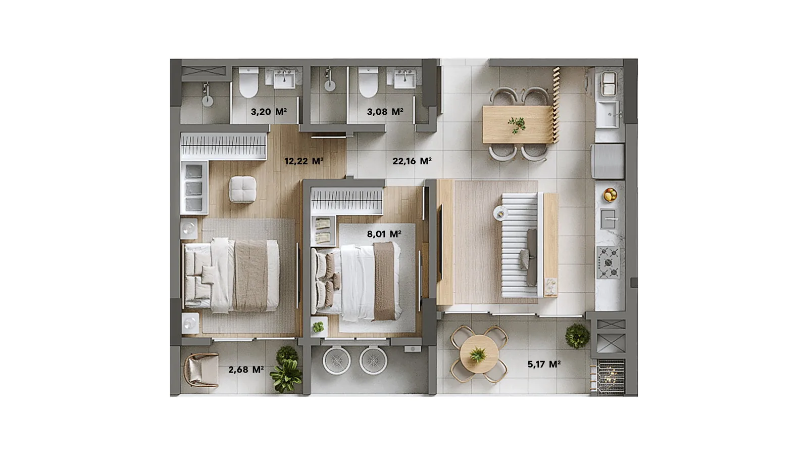Brava Living · Tipo 4 - 70,45 m², planta espelhada do Tipo 3
