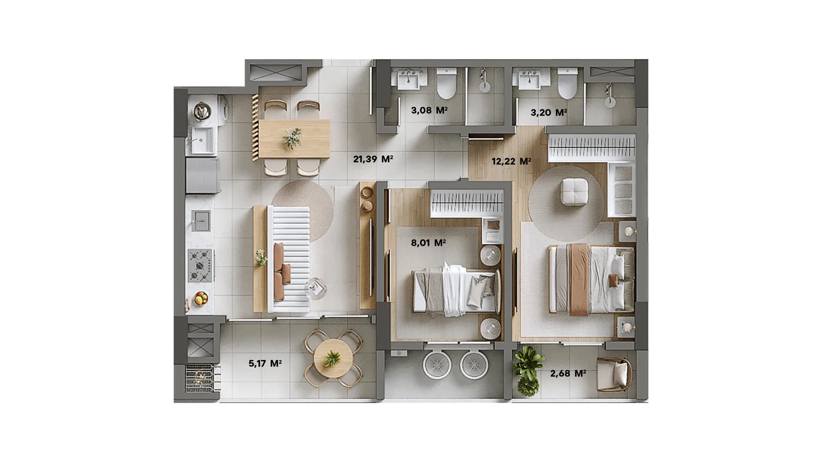Brava Living · Tipo 6, planta espelhada do Tipo 5, com living de 21,39 m²