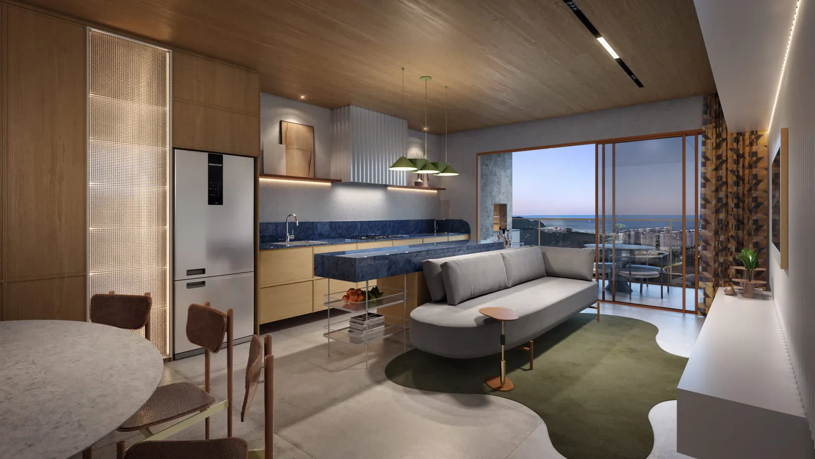 Brava Ocean · living integrado à cozinha do apartamento tipo