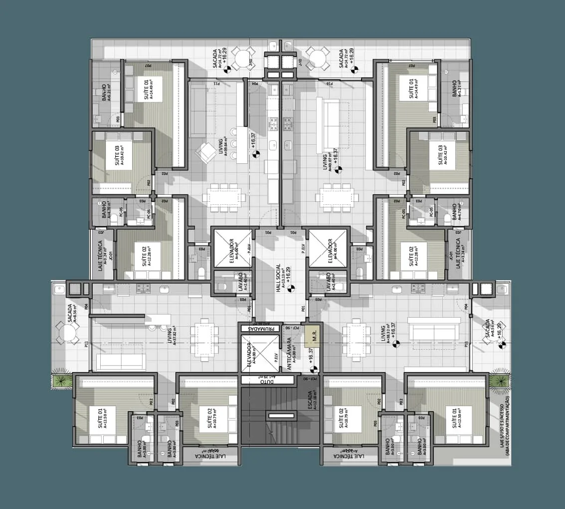 Brava Ocean · pavimento tipo com quatro apartamentos por andar