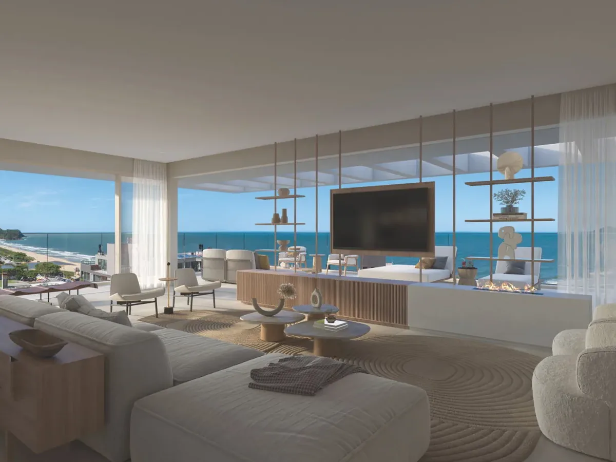 AURA Living Home, living da cobertura linear com vista para o mar da Praia Brava