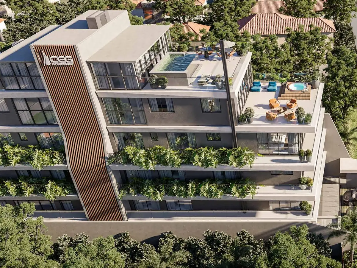 SENSE, o topo do edifício frente mar com o terraço, a piscina e o spa das coberturas triplex, na Praia Brava, Itajaí