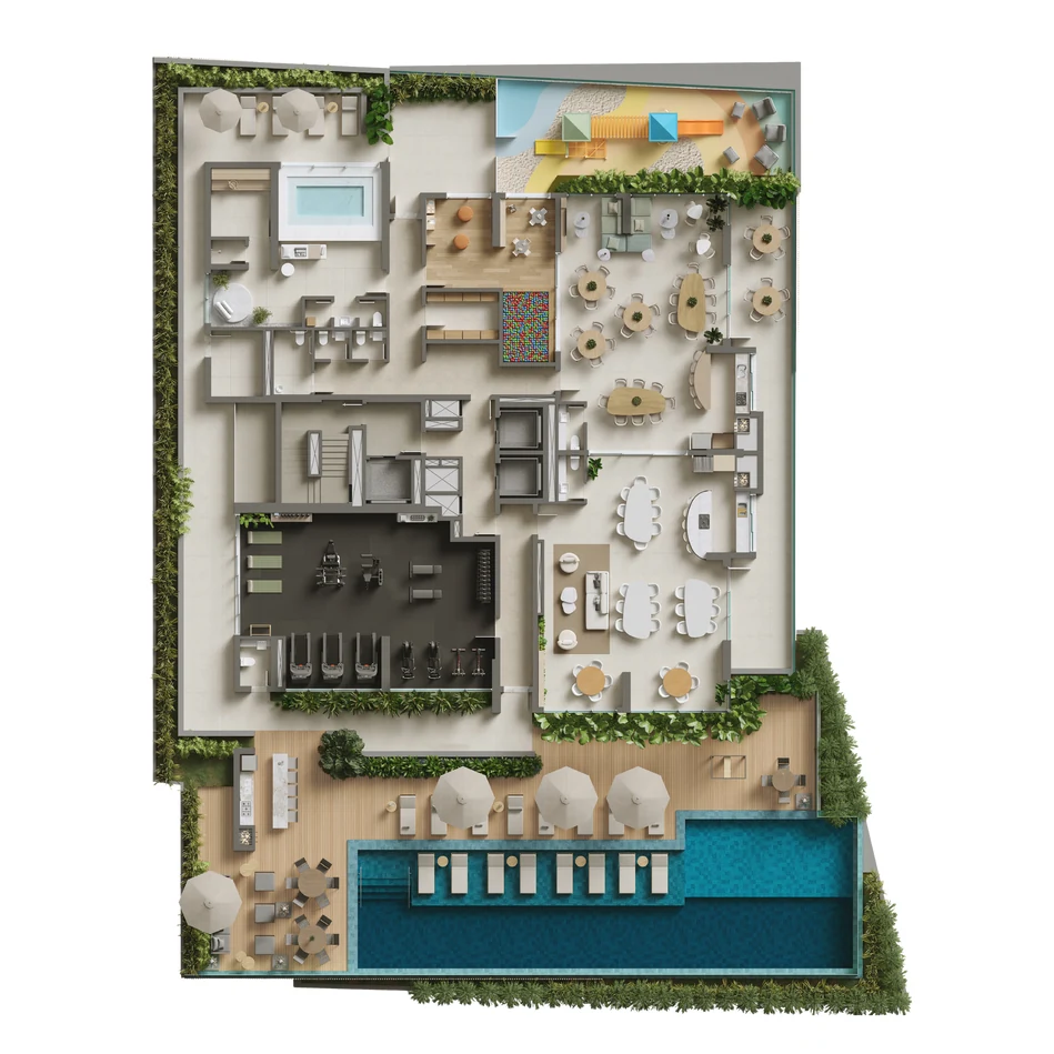 Drummond · planta do pavimento de lazer com 1.250 m² e 18 ambientes