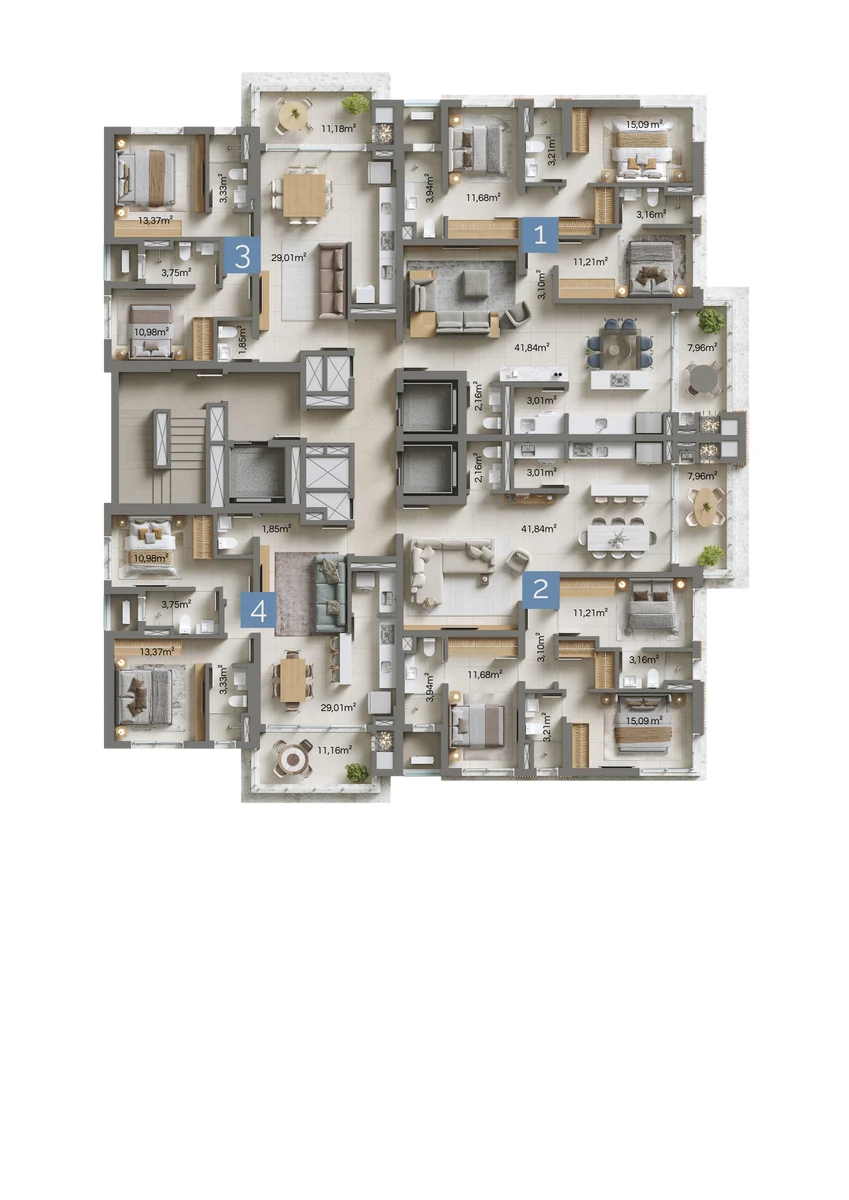 Drummond · planta humanizada do pavimento tipo, quatro apartamentos por andar de 94 a 129 m²