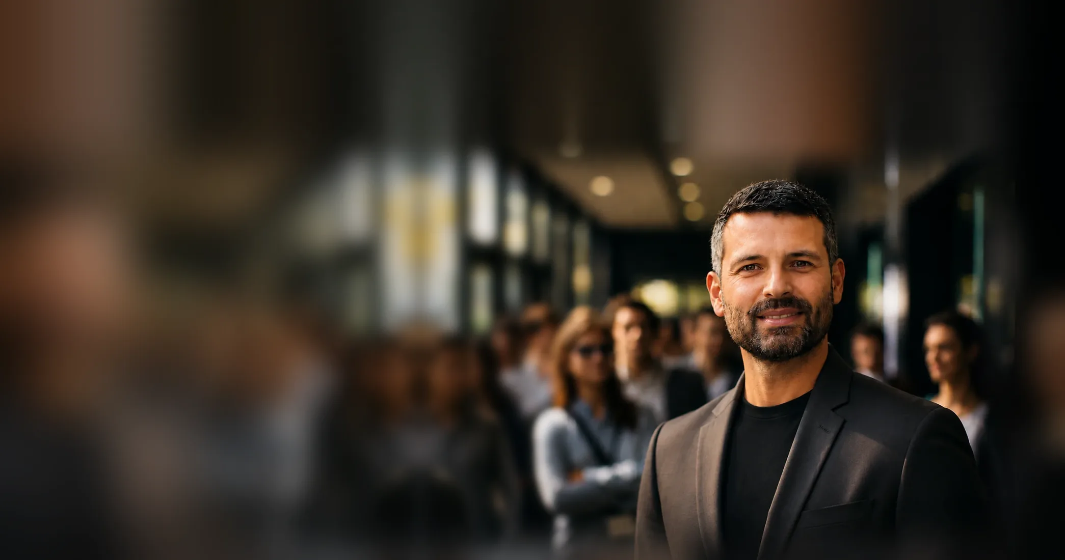Jean Zonta, corretor de imóveis, em primeiro plano com um grupo de pessoas desfocado ao fundo