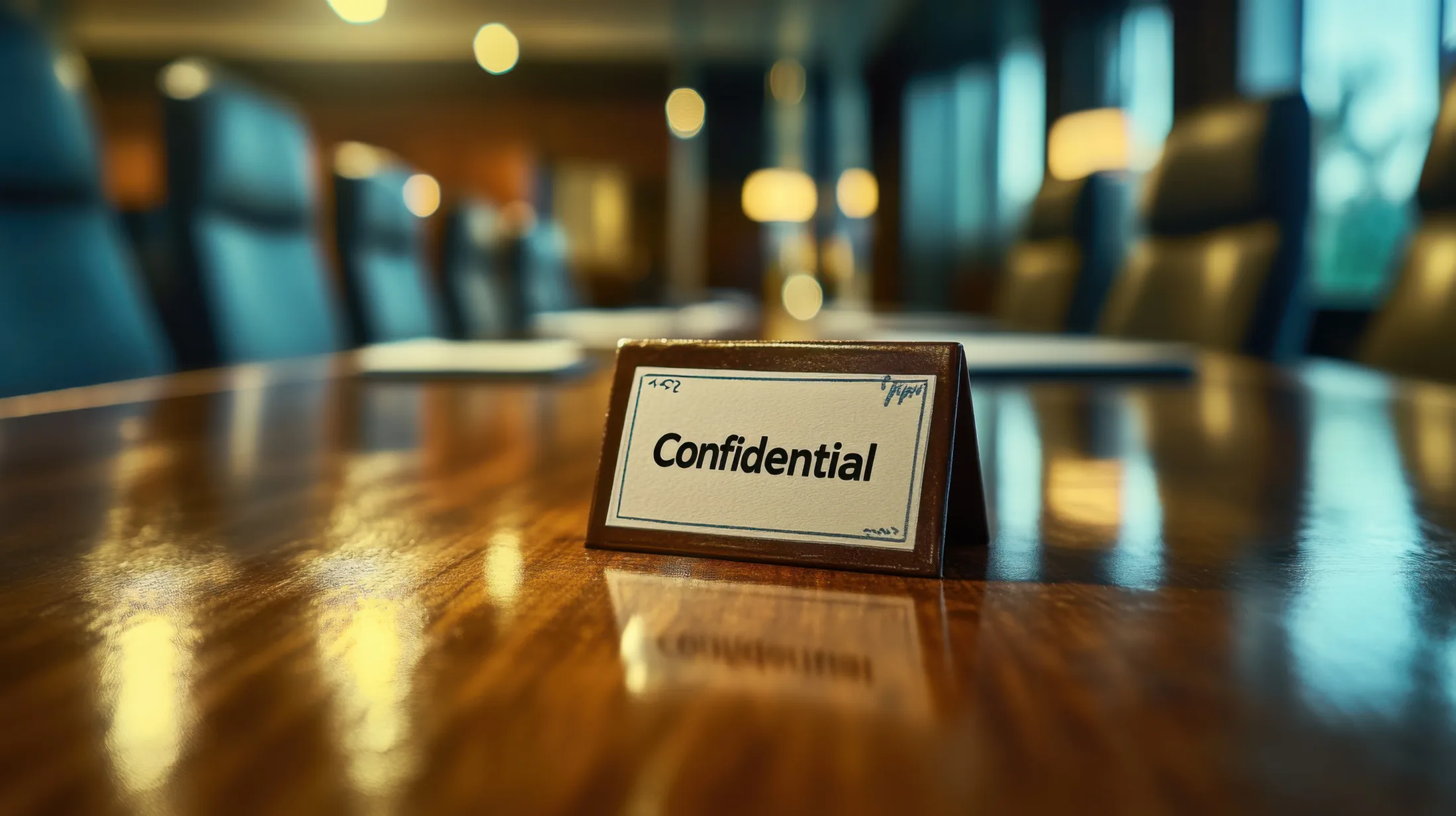 Placa com a palavra Confidential sobre a mesa de uma sala de reunião, representando discrição na negociação