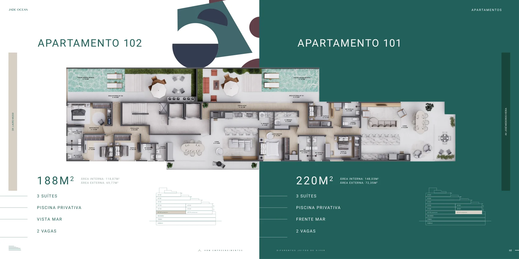 Jade Ocean · plantas dos apartamentos 102 (188 m²) e 101 (220 m²), 3 suítes com piscina privativa