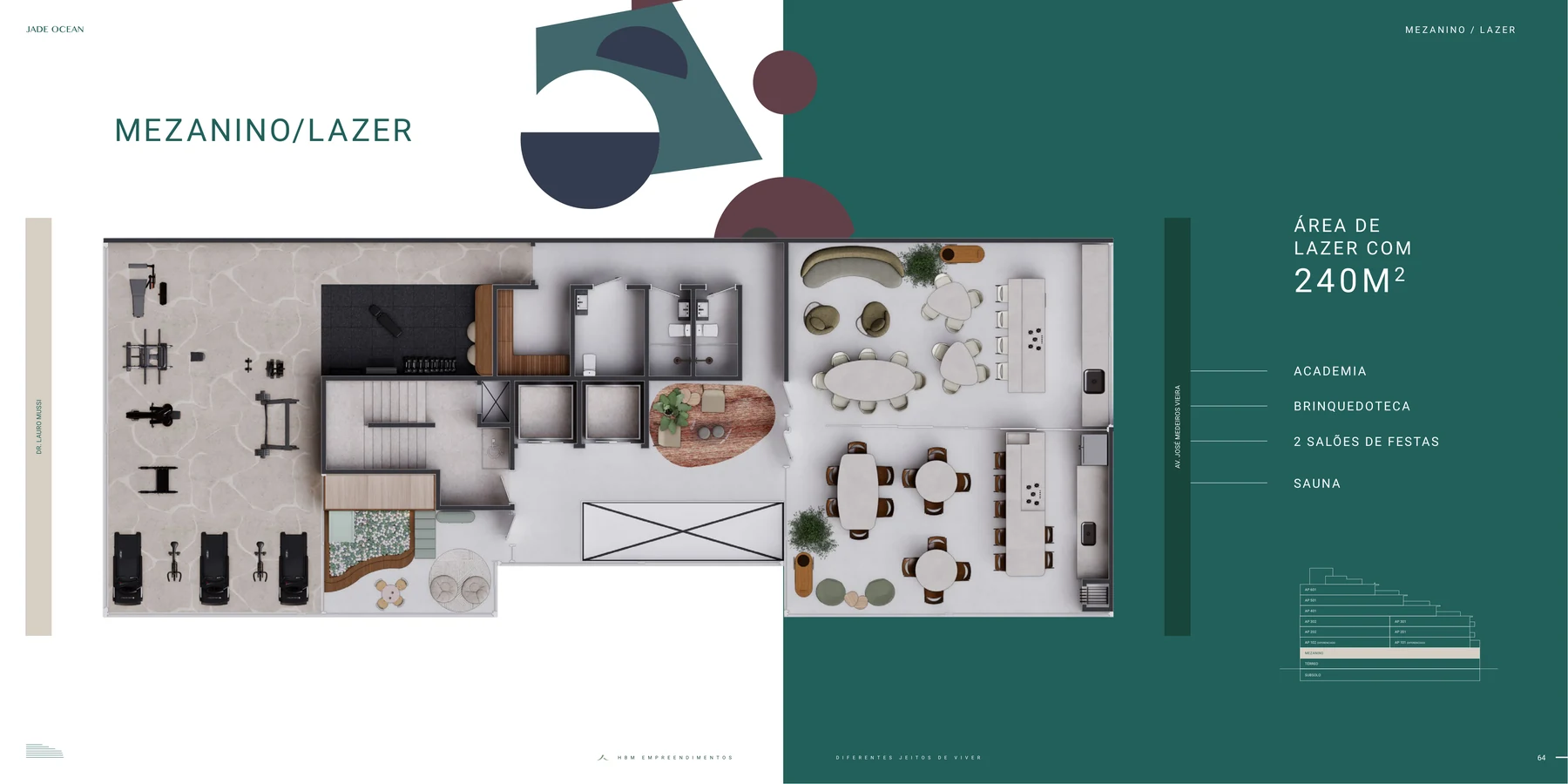 Jade Ocean · planta do mezanino com academia, sauna, brinquedoteca e salões de festas