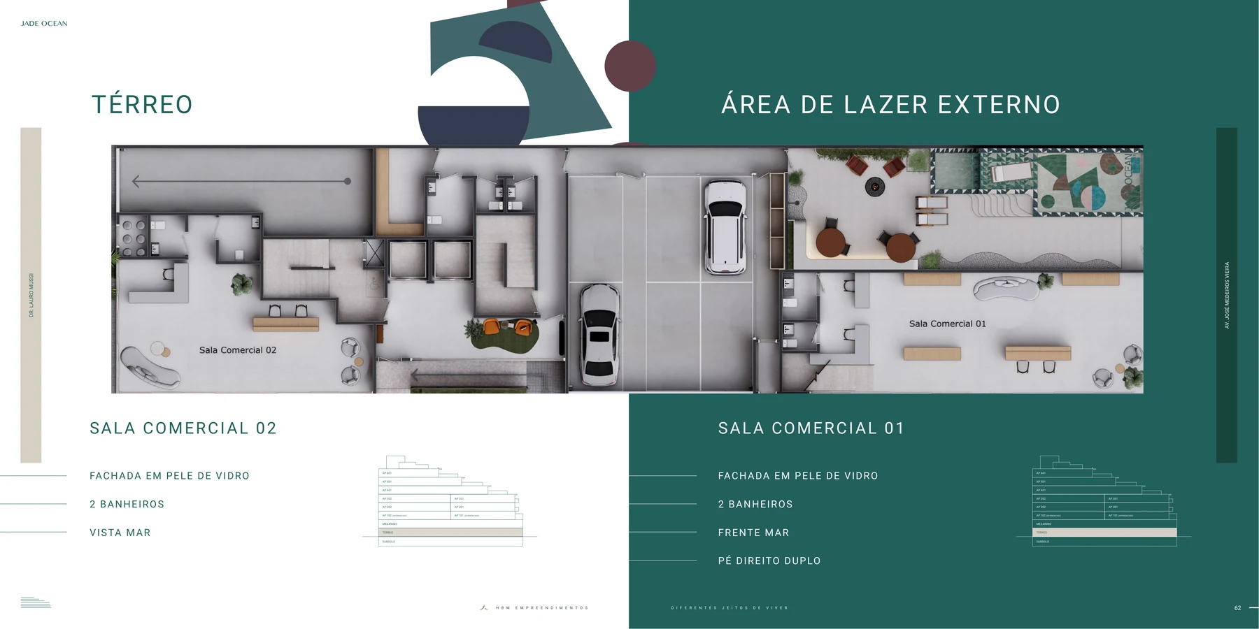 Jade Ocean · planta do térreo com área de lazer externa e salas comerciais