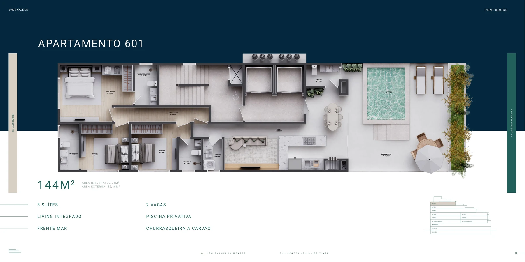 Jade Ocean · planta do penthouse 601 com 144 m²
