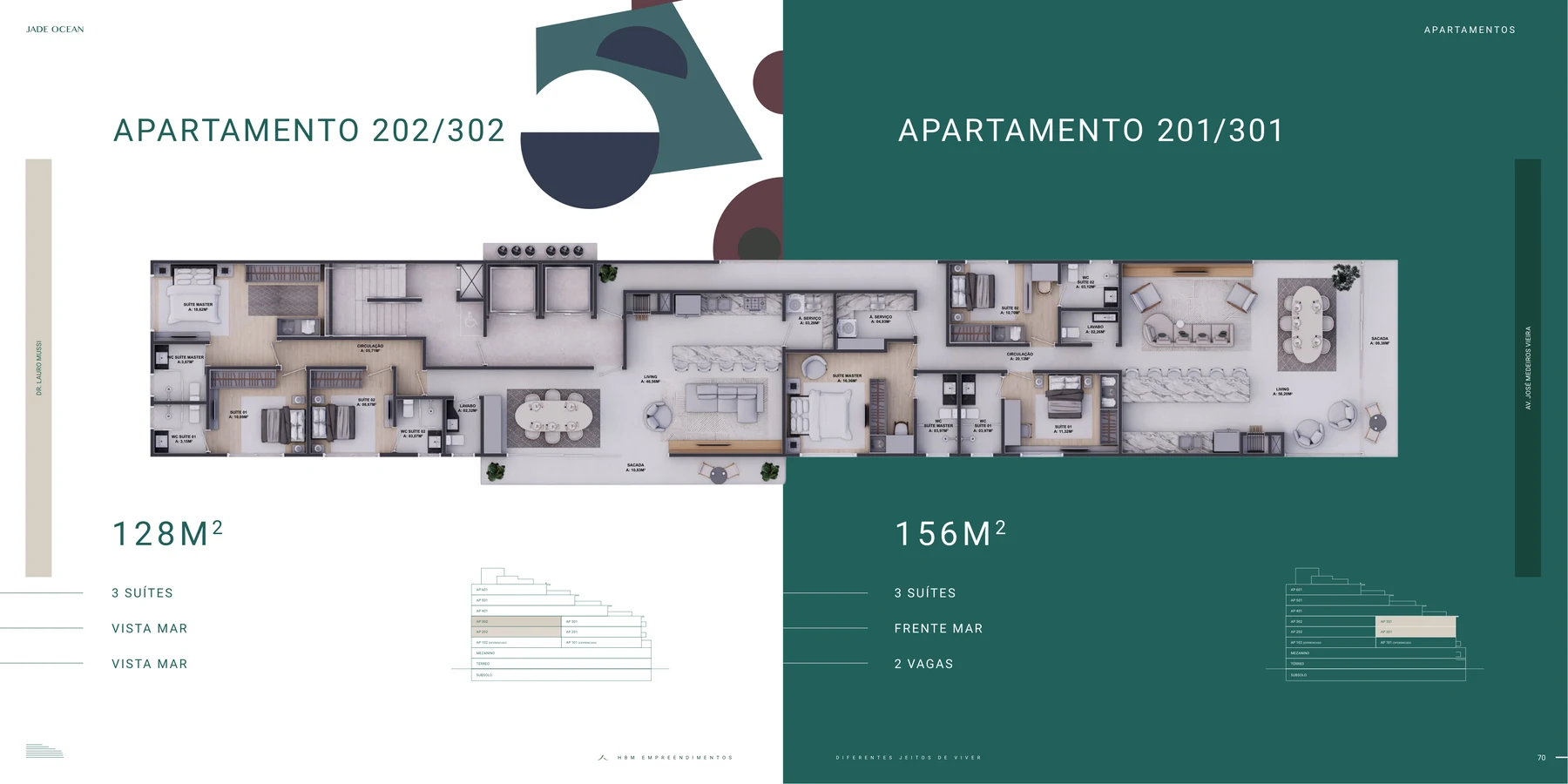Jade Ocean · planta dos apartamentos tipo, dois por andar, living frente mar