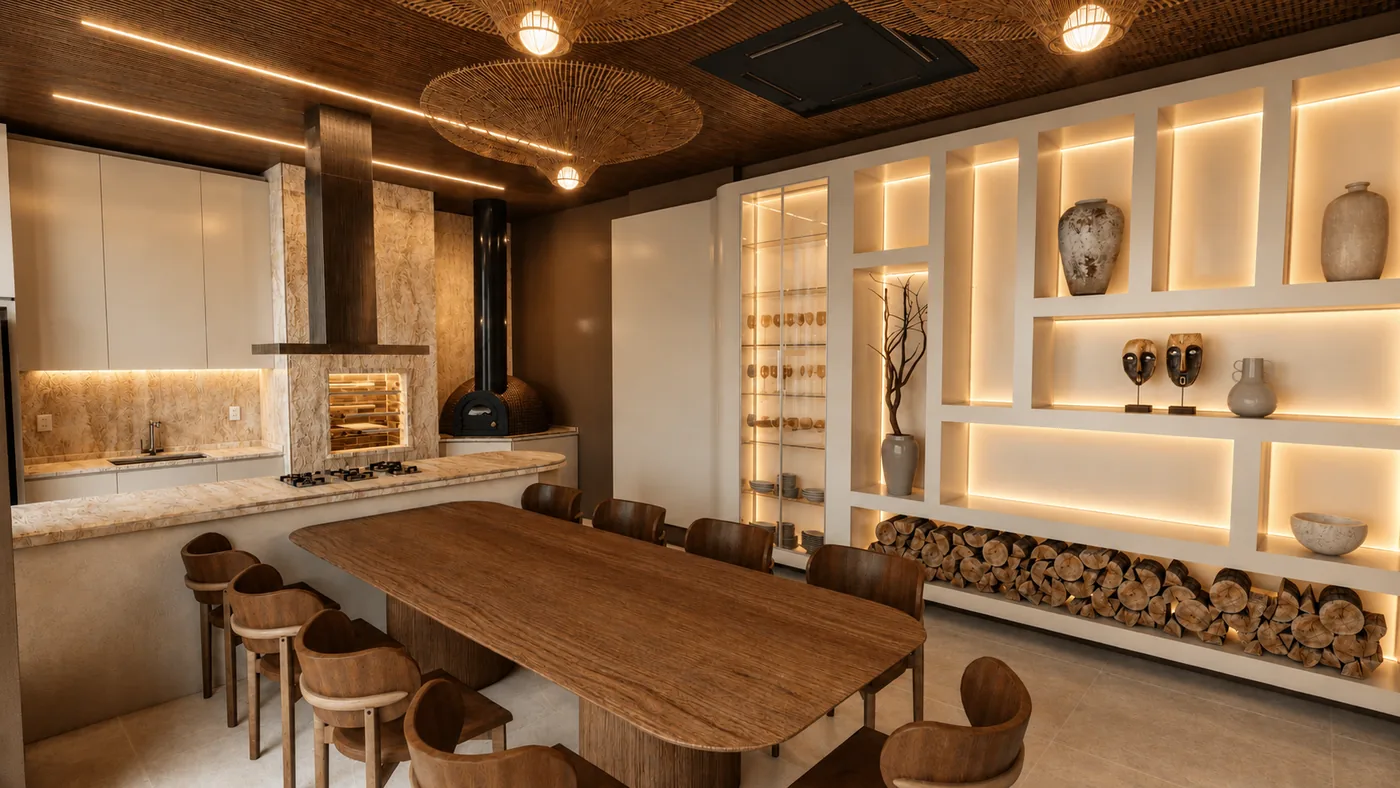 Jardins da Brava: espaço gourmet com churrasqueira e mesa longa