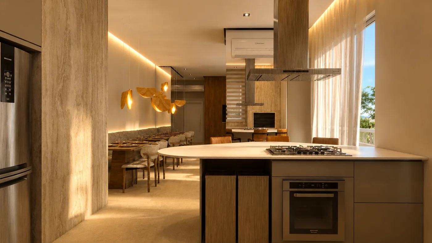 Jardins da Brava: cozinha do espaço gourmet, com ilha e cooktop