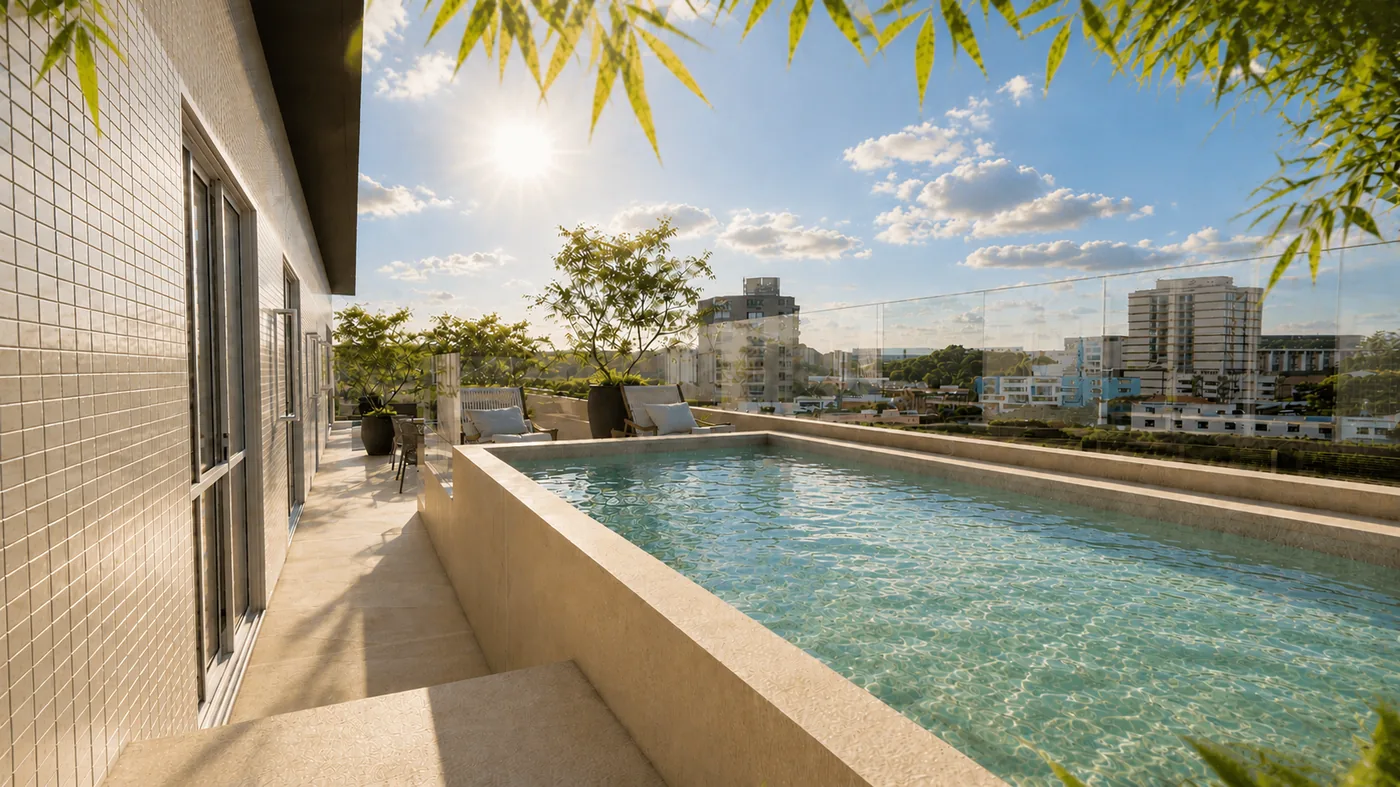 Jardins da Brava: piscina com deck e vista do bairro