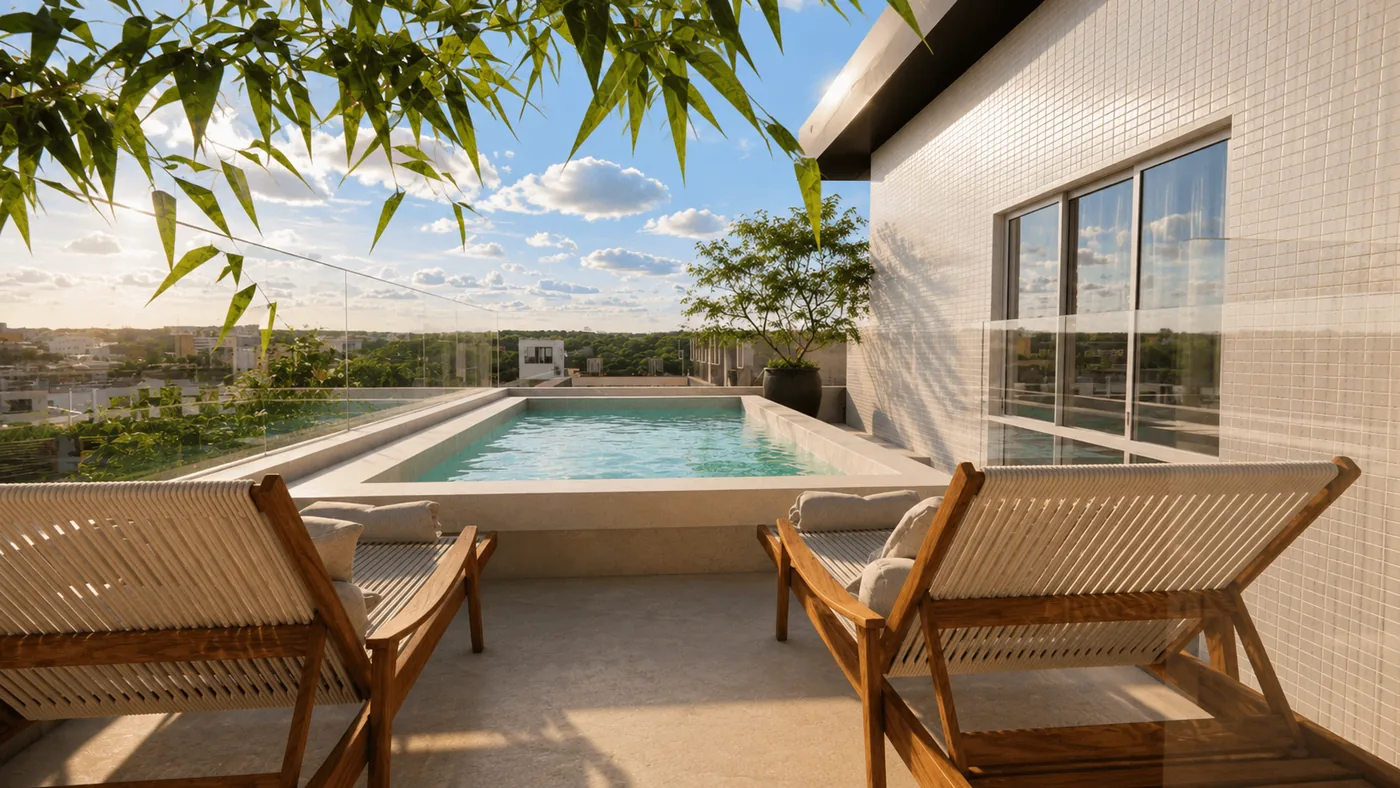 Jardins da Brava: piscina com espreguiçadeiras e jardim