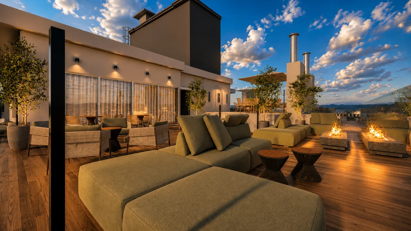 Jardins da Brava: lounge externo com área de fogo ao entardecer