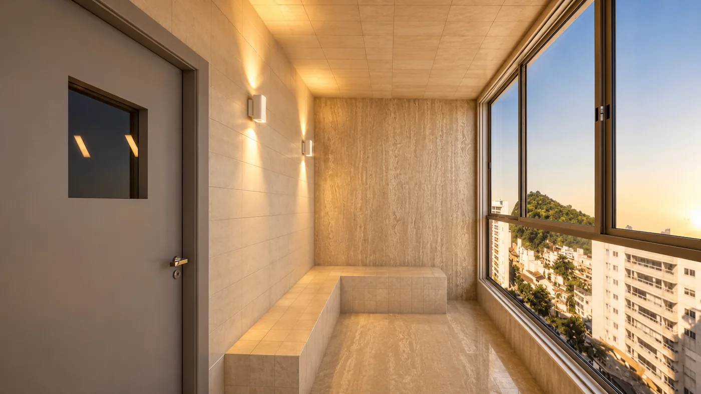 Jardins da Brava: sauna com banco em pedra e janela para a vista