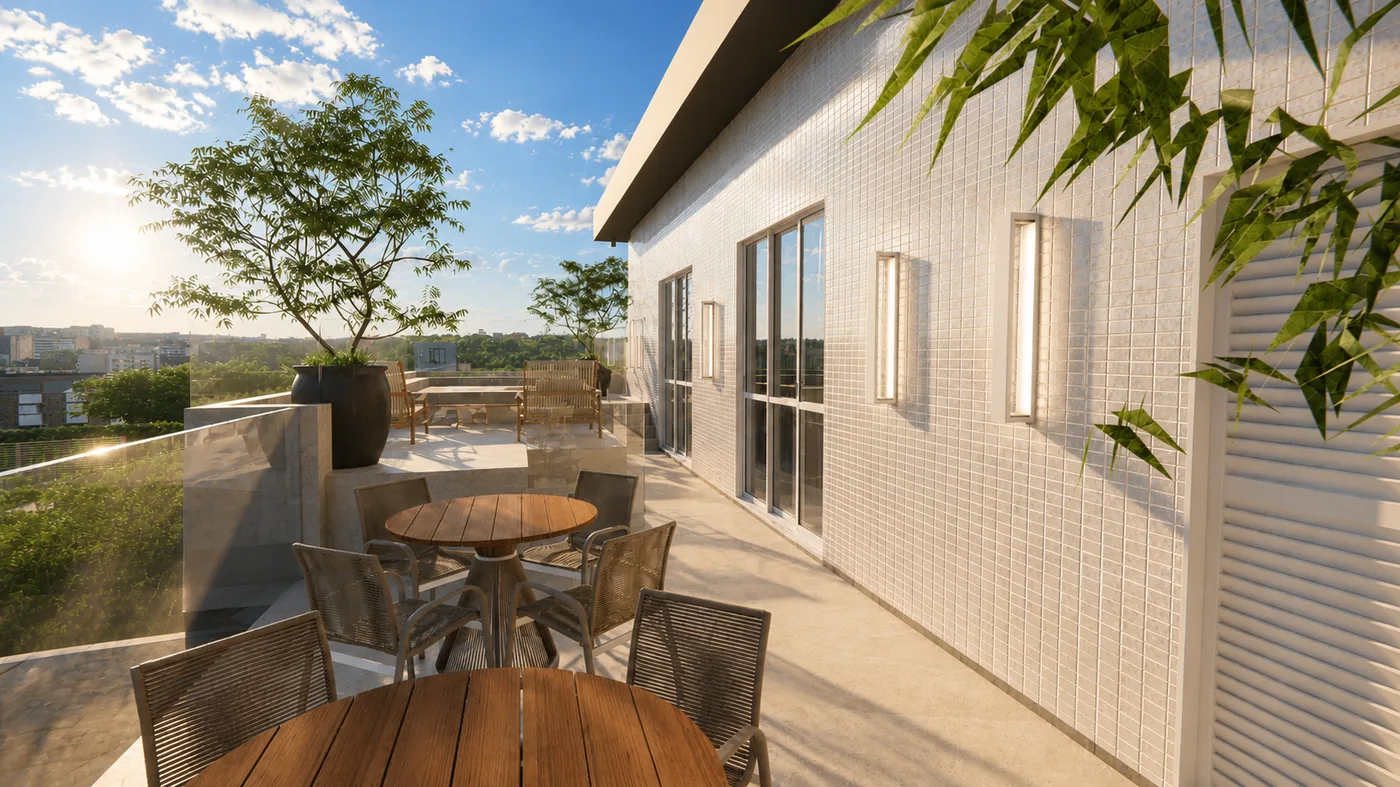 Jardins da Brava: terraço com mesa e vista aberta