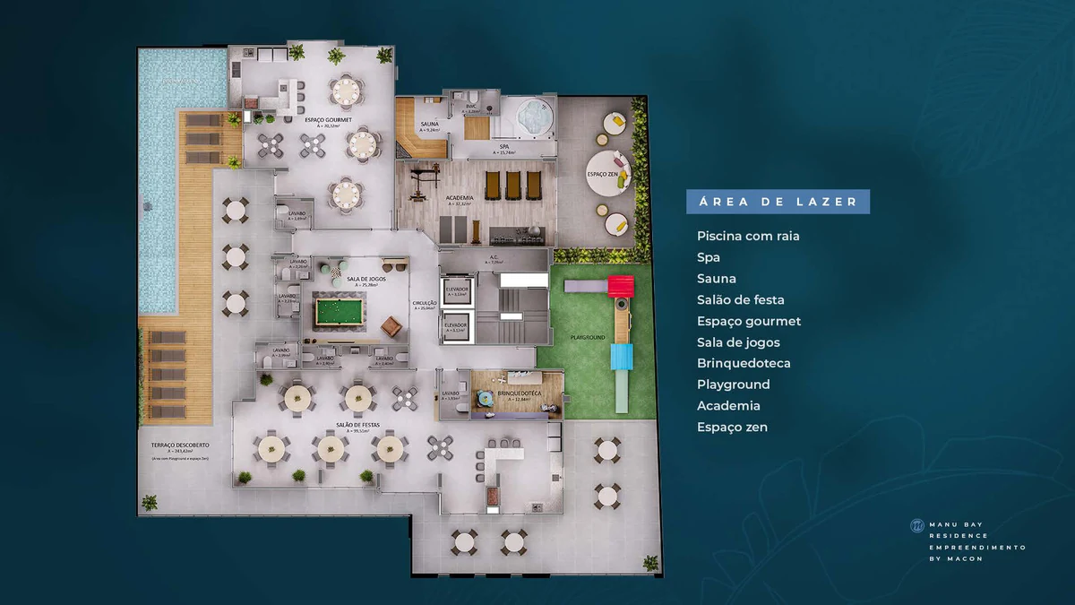 Manu Bay · planta do pavimento de lazer com piscina com raia, spa, sauna e mais 10 ambientes
