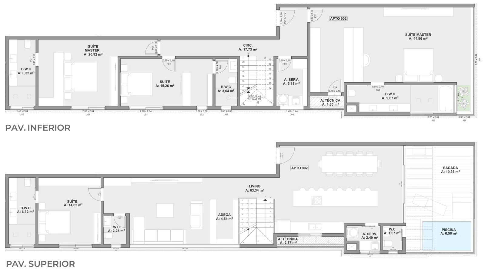 Marbella · planta da cobertura duplex 902, com o pavimento inferior e o superior