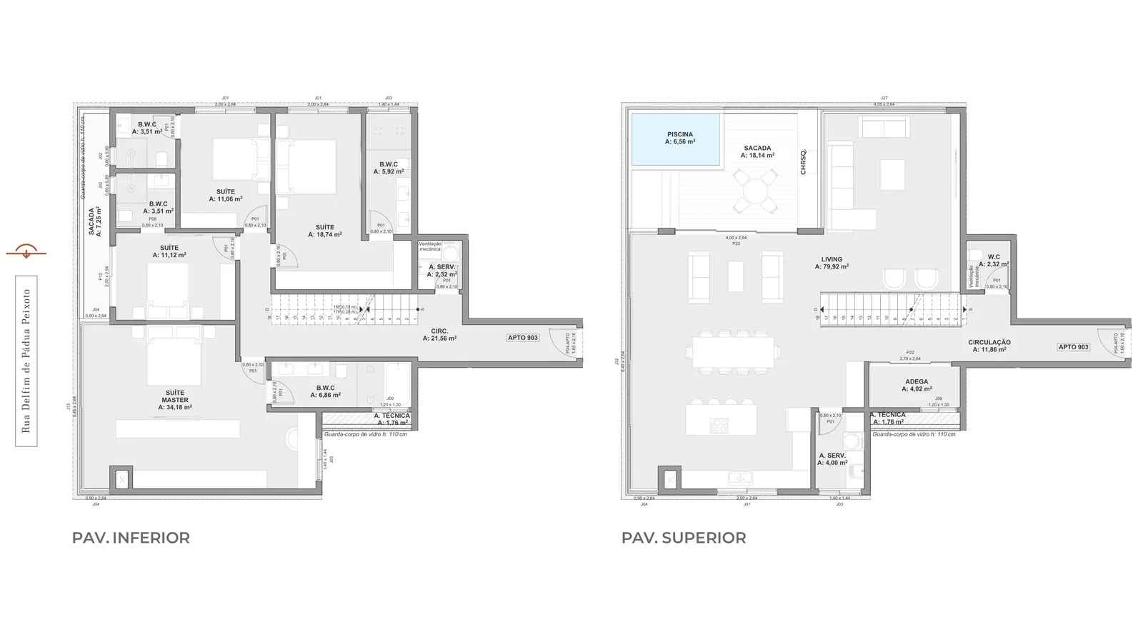 Marbella · planta da cobertura duplex 903, com o pavimento inferior e o superior