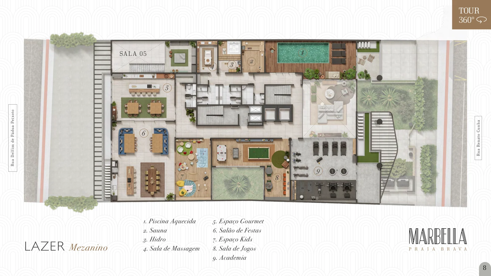 Marbella · planta da área de lazer com piscina, spa, sauna, academia e mais