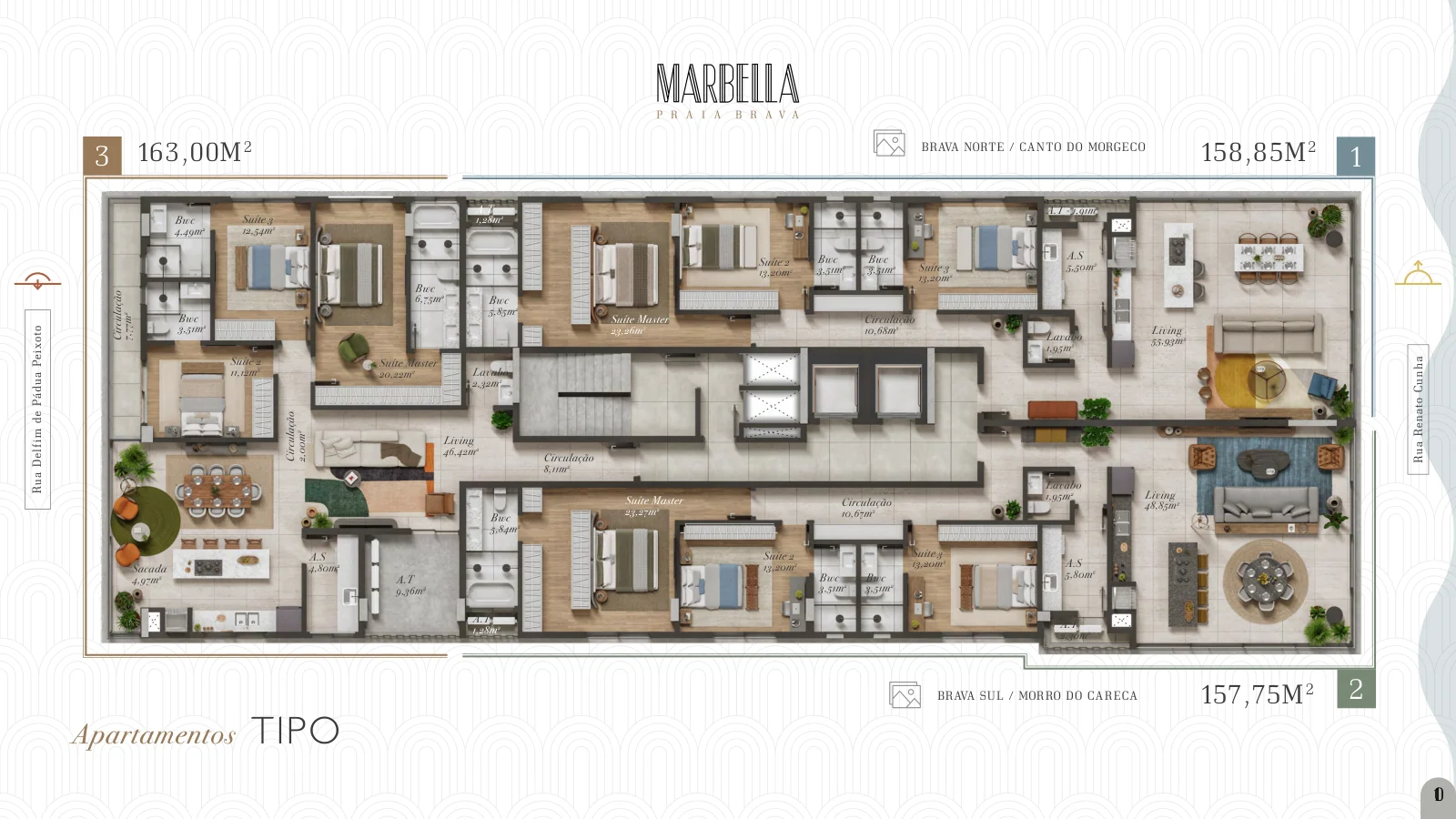 Marbella · planta do pavimento tipo, apartamentos de 157,75 a 163 m² com suíte master e suítes