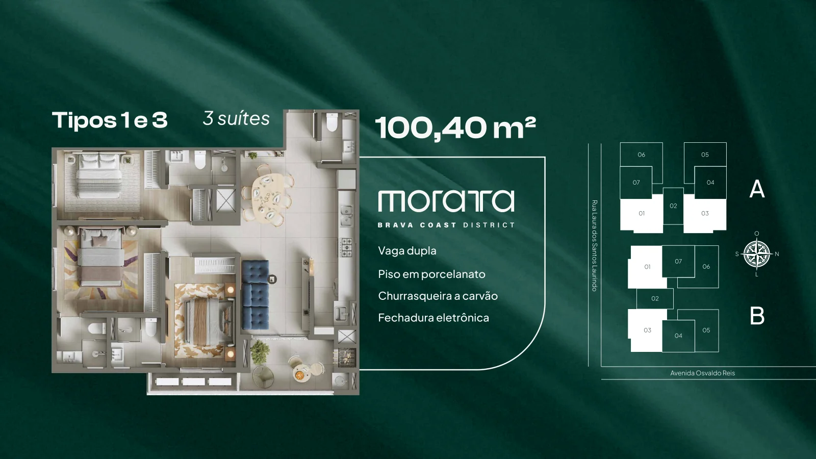 Moratta · planta dos apartamentos Tipos 1 e 3, 100,40 m² com 3 suítes